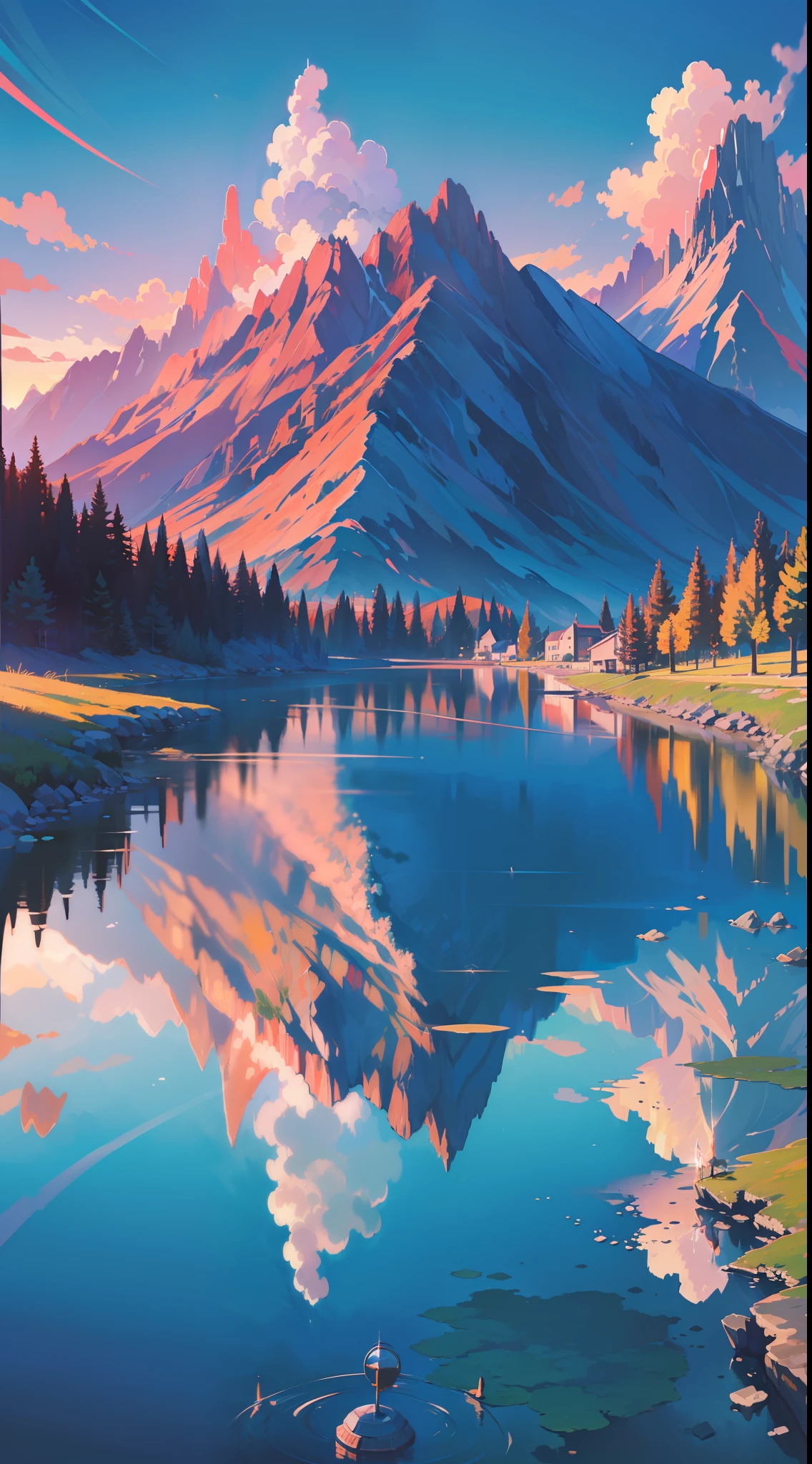 (extremely detailed,best quality,vibrant colors,dynamic positioning,reflection of light,wide perspective,summery vibes,mountainous scenery)