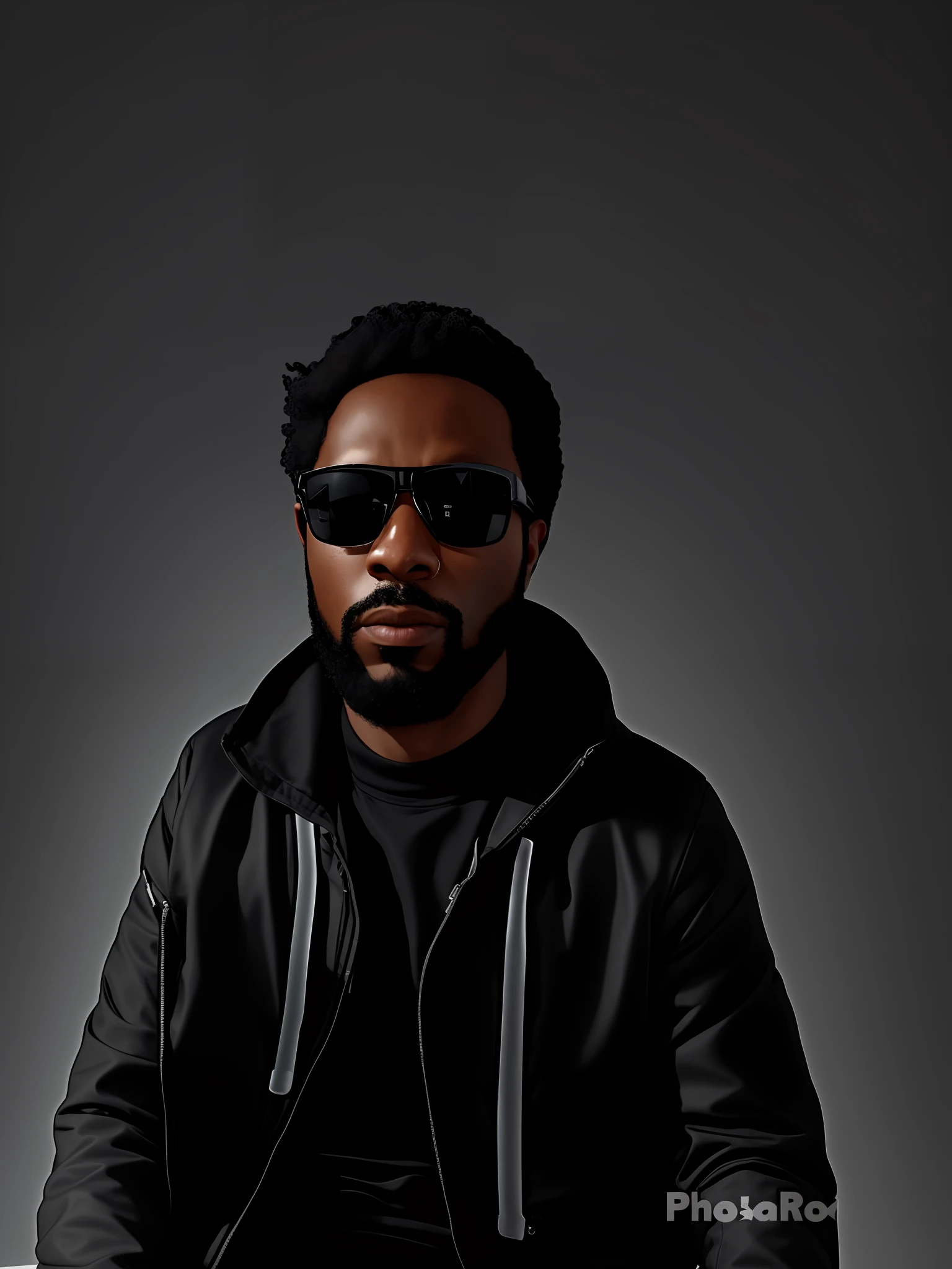arafed man in a black jacket and sunglasses sitting down, taken in the early 2020s, headshot profile picture, riyahd cassiem, headshot photo, very very low quality picture, profile shot, sakuga gunplay, art masterpice, avatar for website, rodney matthew, profile picture, sitting down, in front of a black background