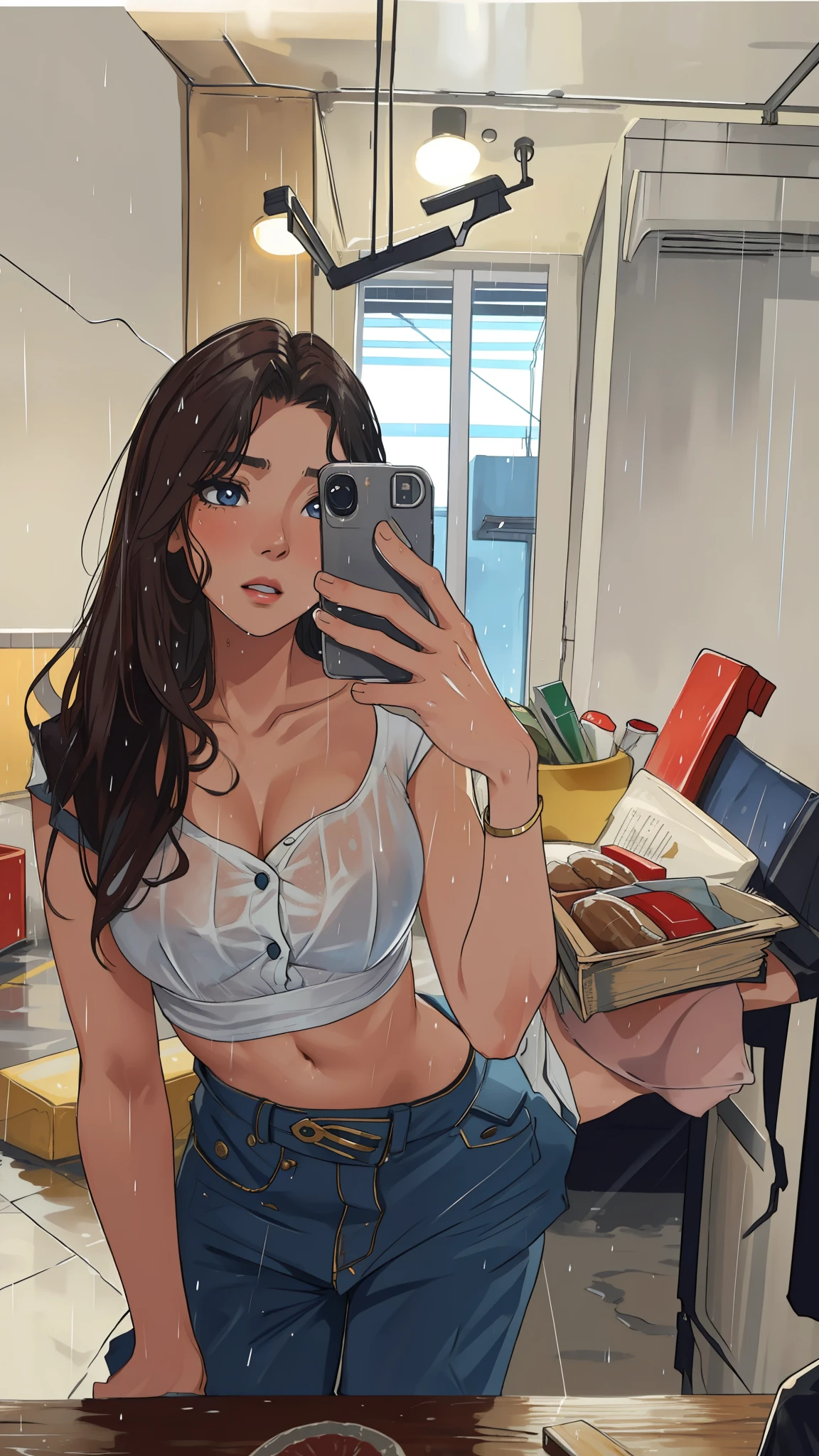 ((Best quality, 8k, Masterpiece: 1.3)), Sharp focus: 1.2, A beautiful woman with perfect body: 1.4, Slim abdomen: 1.2, ((Layered haircut, ?????????????: 1.2)), (??????) (Small and beautiful hard ??????) (Thin and damp button up to shirt length: 1.1), (White shirt wet by rain), (Rain, Street: 1.2), Wet body: 1.1, Highly detailed face and skin texture,  Detailed eyes, Double eyelid,