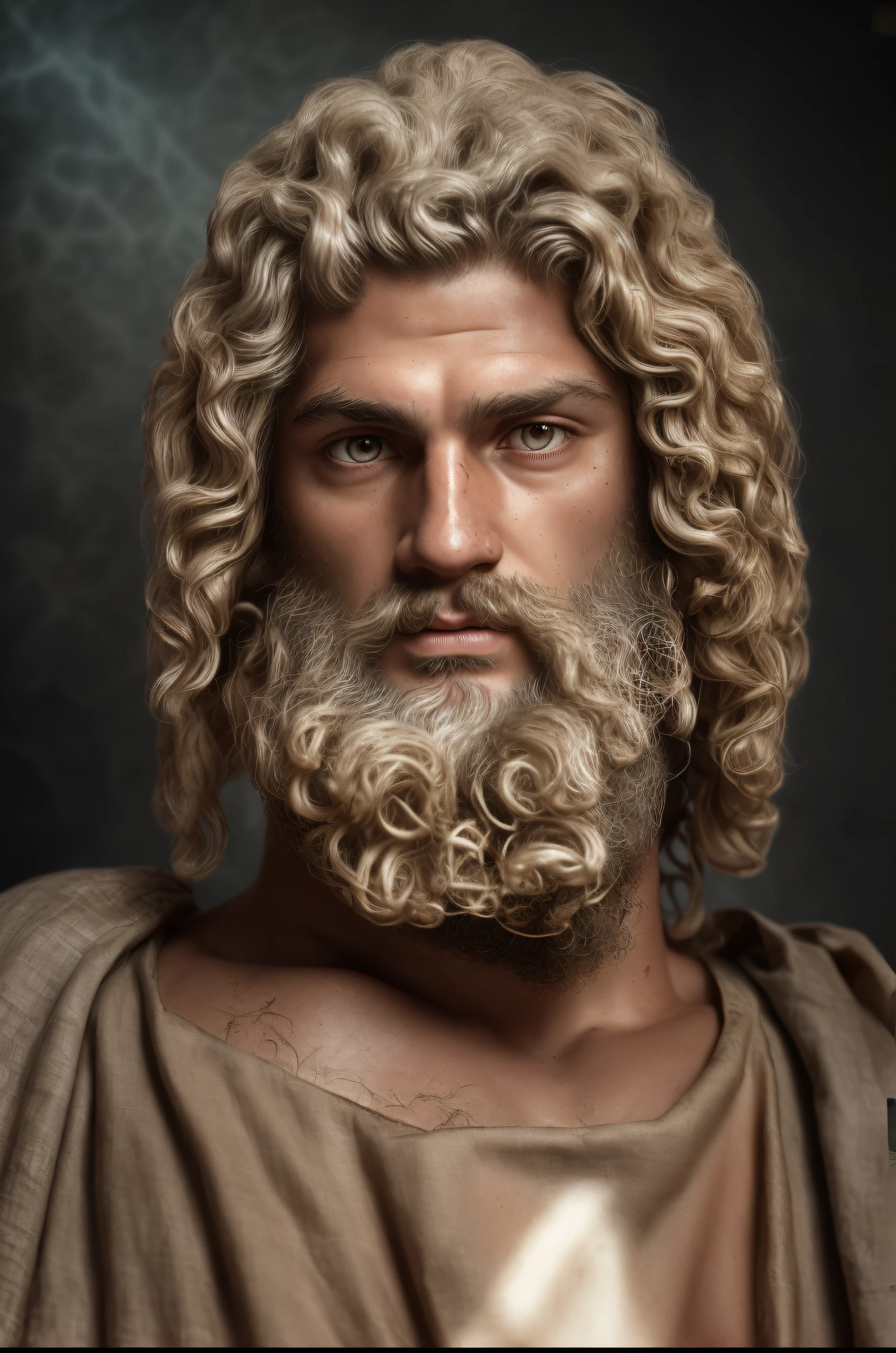 RAW photo, (portrait of Zeus, with wavy hair, short), (Greek), (realistic color photo), (imposing look), ( with antique cloth shirt), perfect face, natural skin, (very detailed skin: 1.2), 8k uhd, dslr, soft lighting, high quality, film grain, Fujifilm XT3