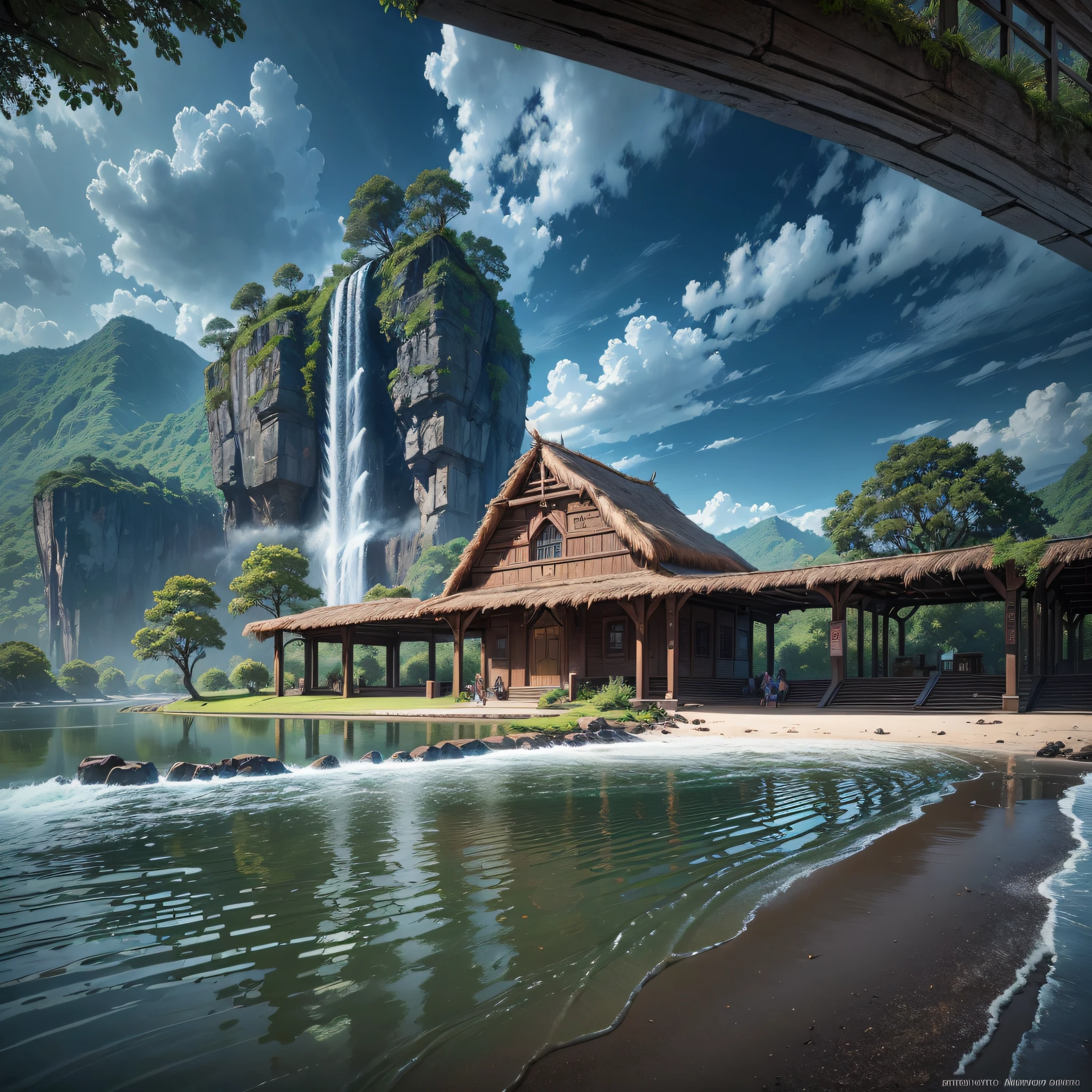 (Village of Indians)masterpiece, best quality, high quality, extremely detailed unit wallpaper CG 16k, scenery, Outdoor, sky, cloud, day, , amazon forest, panorama, water, tree, blue sky, waterfall, cliff, nature, lake, river, cloudy sky, award-winning photography, Bokeh, depth of field, HDR, chromatic aberration, photorealistic, extremely detailed, trend in artstation, trend in CGsociety,  intricate, high det --auto --s2