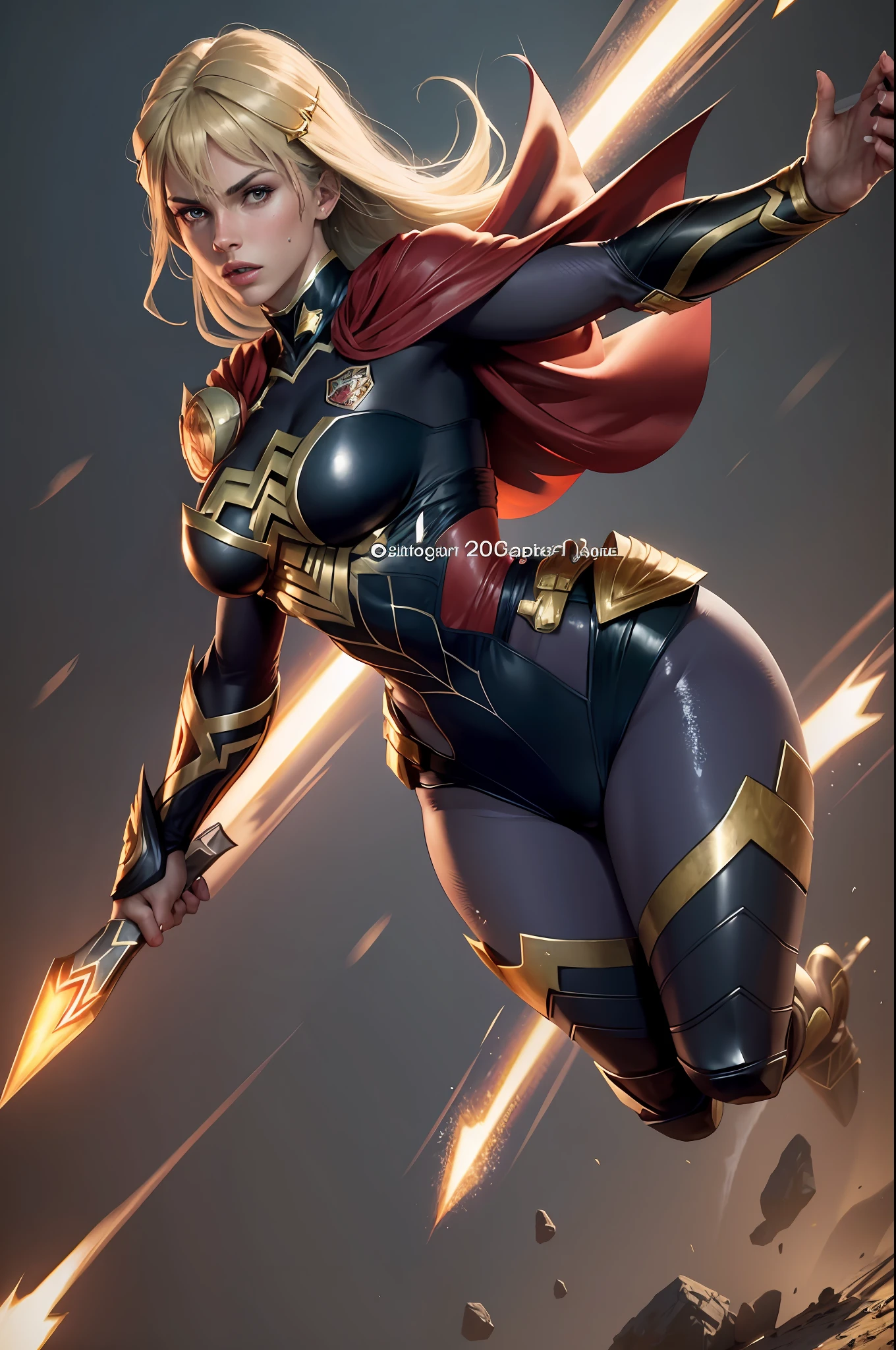 4k highly detailed realistic ((full body including legs)) photo of beautiful 20-year-old sweaty Anglo-Saxon girl with ((sharp jaw)) and perky, in a black superheroine uniform with lightning details, she is flying and possesses lightning powers
