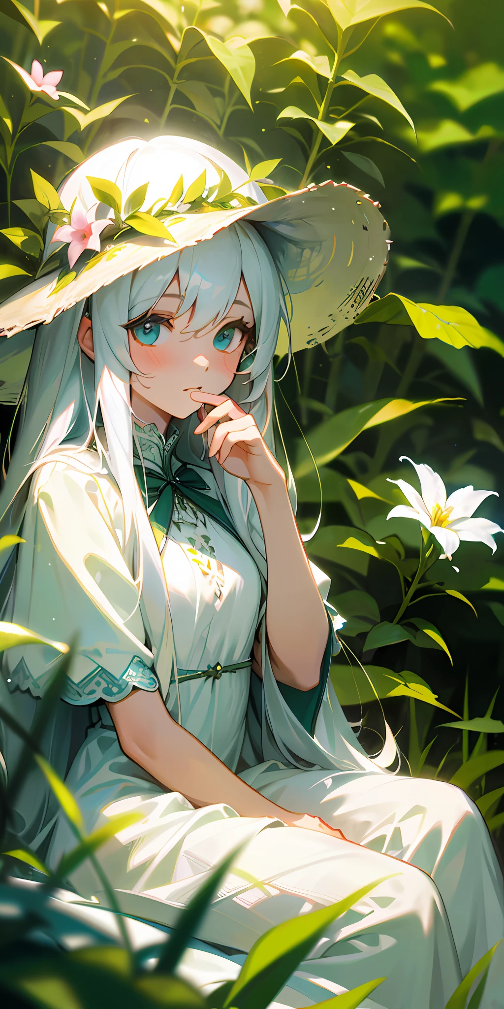 (masterpiece, best quality),1girl with long white hair sitting in a field of green plants and flowers, her hand under her chin, warm lighting, white dress, blurry foreground