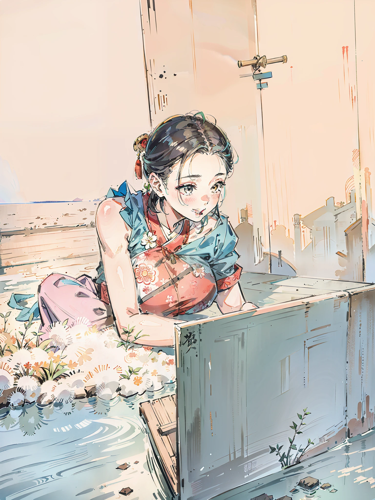 (masterpiece),best quality,good anatomy, (1 girl:1), (upper body),(smile),short hair,(hanfu),(ecchi0.5), (trees:0.5), (flowers:0.6) ,(wooden house:0.2),(bamboo forest:0.2),(creek:0.2),(river:0.2), Shinomiya Kaguya, Shinomiya Kaguya's Style,