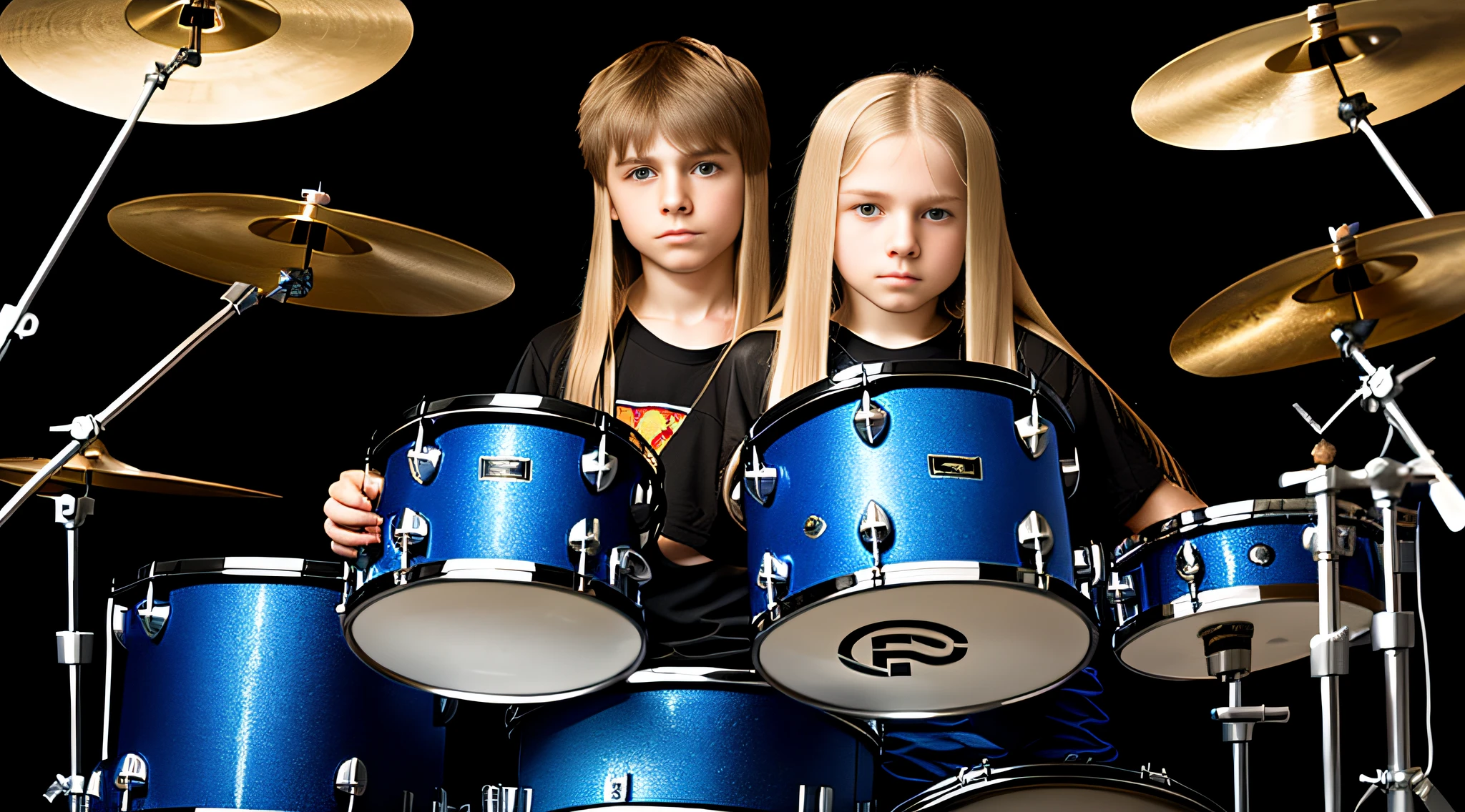 Russian child boy with 15 years old, WITH LONG STRAIGHT HAIR blond, PORTRAIT STYLE, , Arafed drummer with beard and black shirt in front of a drum kit, BLUE BACKLIGHTS.