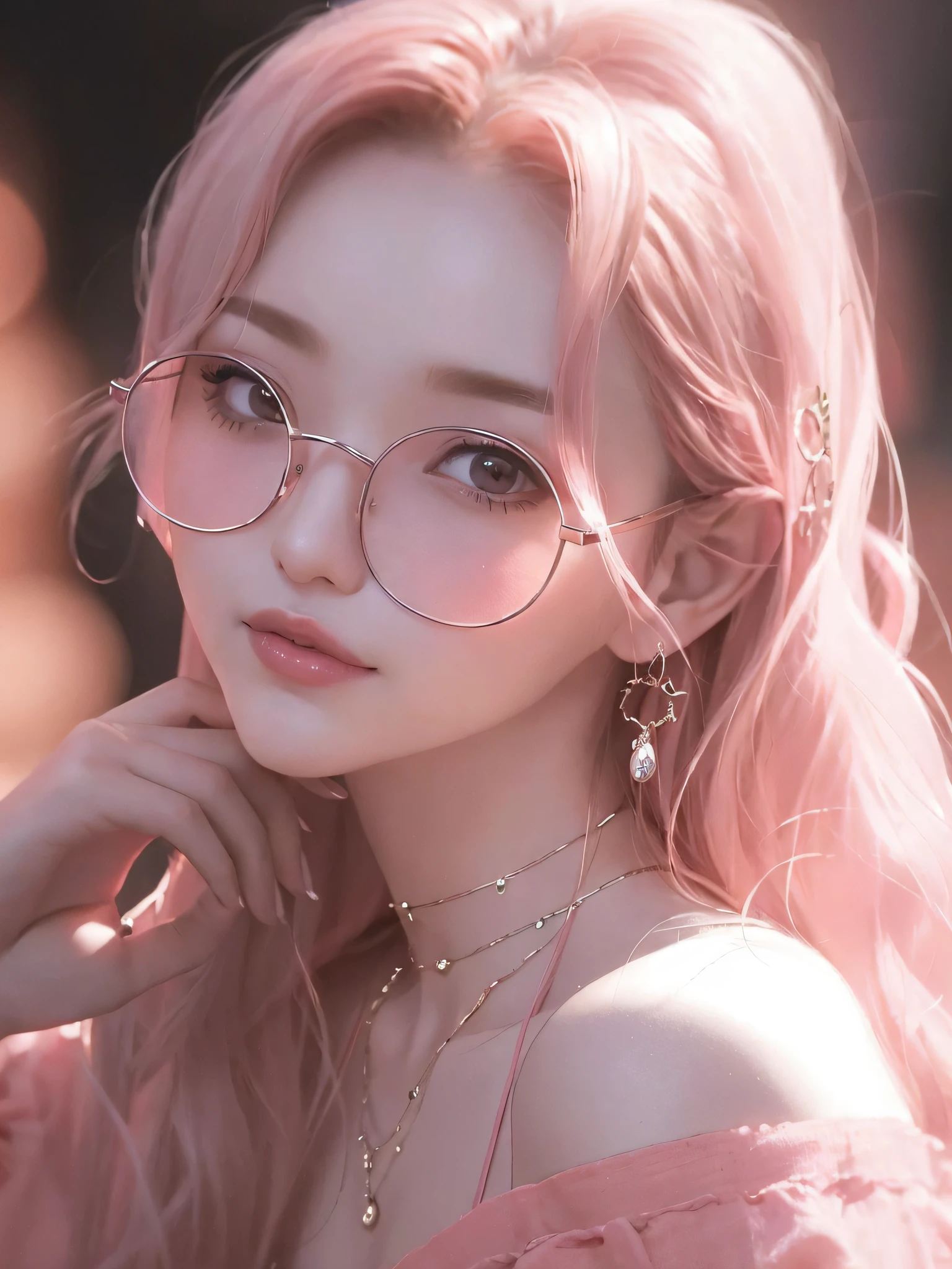 Close-up of a woman with pink hair wearing glasses, artwork in Guvez style, Guvez, kawaii realistic portrait, inspired by Seihiko-kun, glowing pink face, pink girl, beautiful anime portrait, pink glasses, glowing pink eyes, realistic anime 3 D style, Yanjuncheng, realistic anime art style, ((pink)8k
