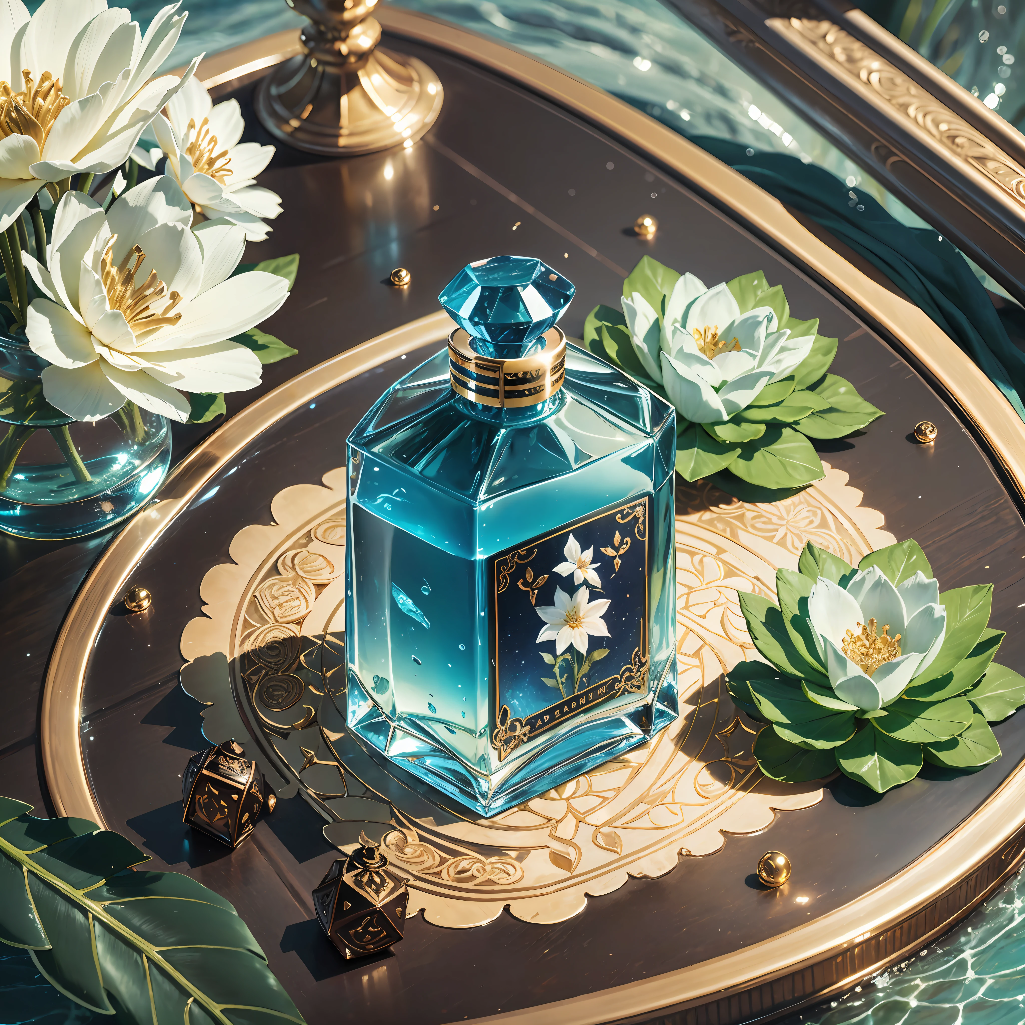 Close-up of a bottle of perfume, a flower on the table, dragon, perfume, lagoon, exquisite and smooth details, exquisite details, professional product photography, product advertising, --auto --s2