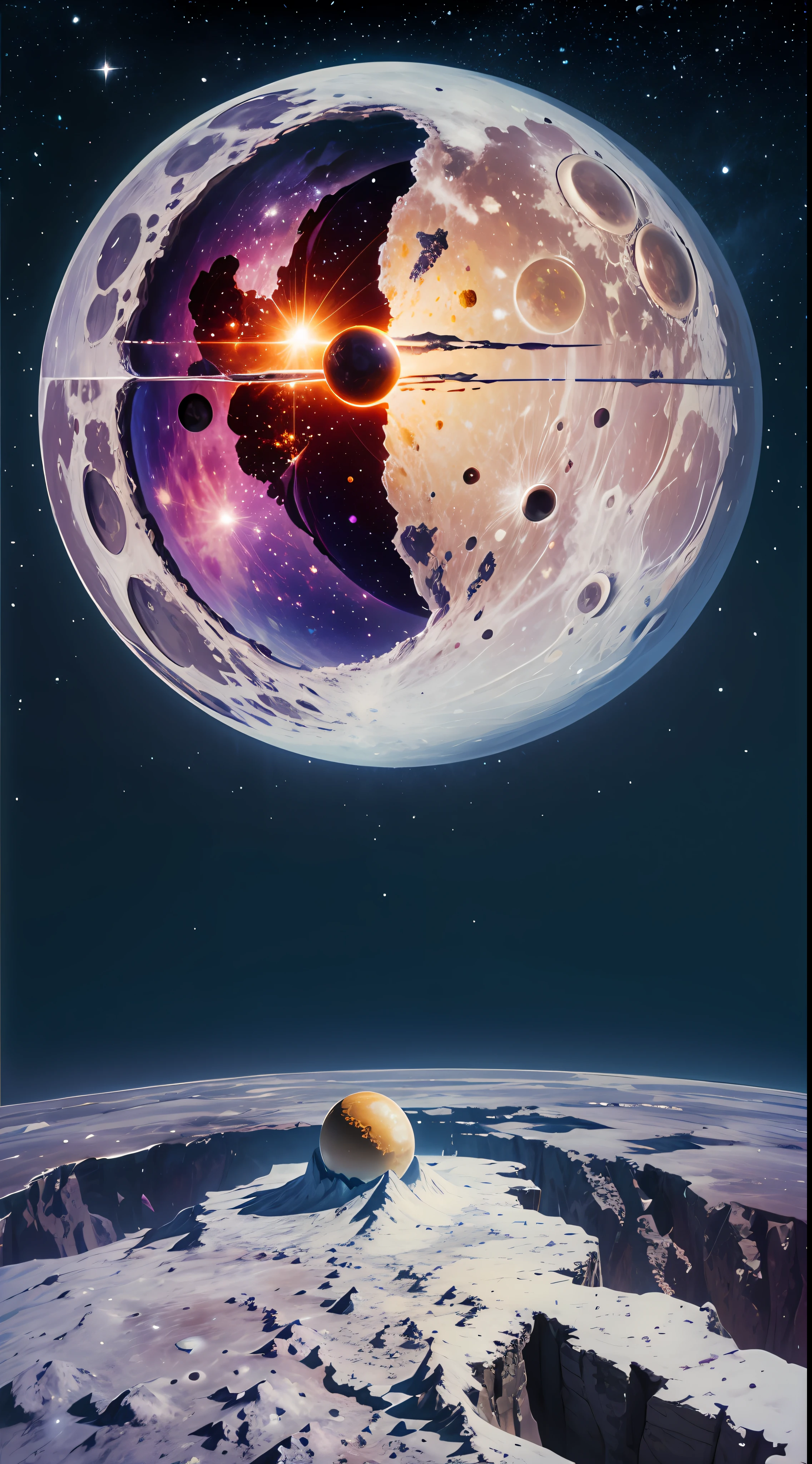 Background universe and a crystal cake on the surface of the moon with a view to the planet earth and the sun --auto --s2