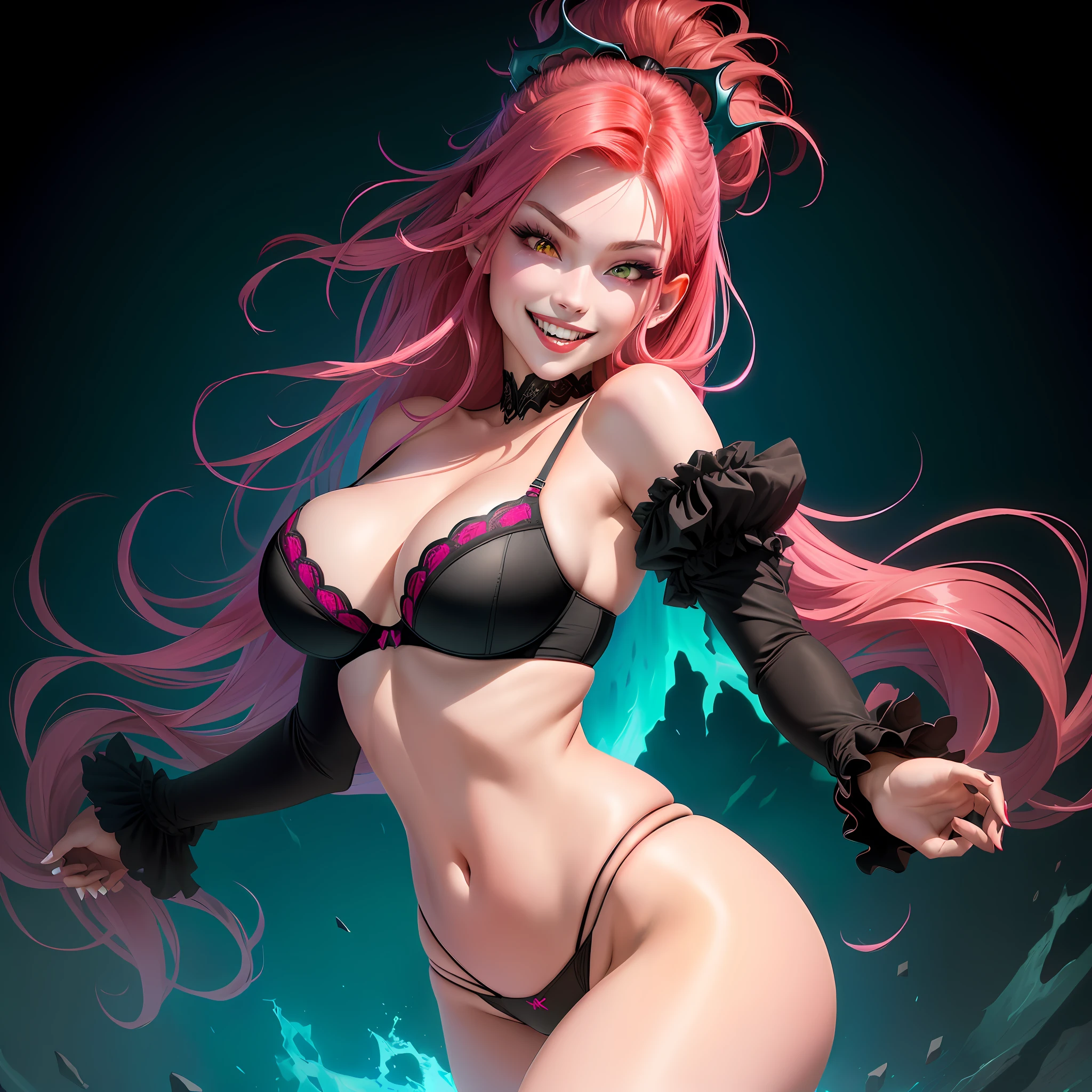Girl face, pink eyes, red hair, demon skin, big lips, sexy smile showing vampire fangs, profile face, vampire teeth, turquoise eyes, high resolution, 4k, detailed, extremely detailed, large and well-defined breasts, small black bra, small panties, turned body and with definition, sexy position, pink hair, with her back to the camera, big ass and thick legs