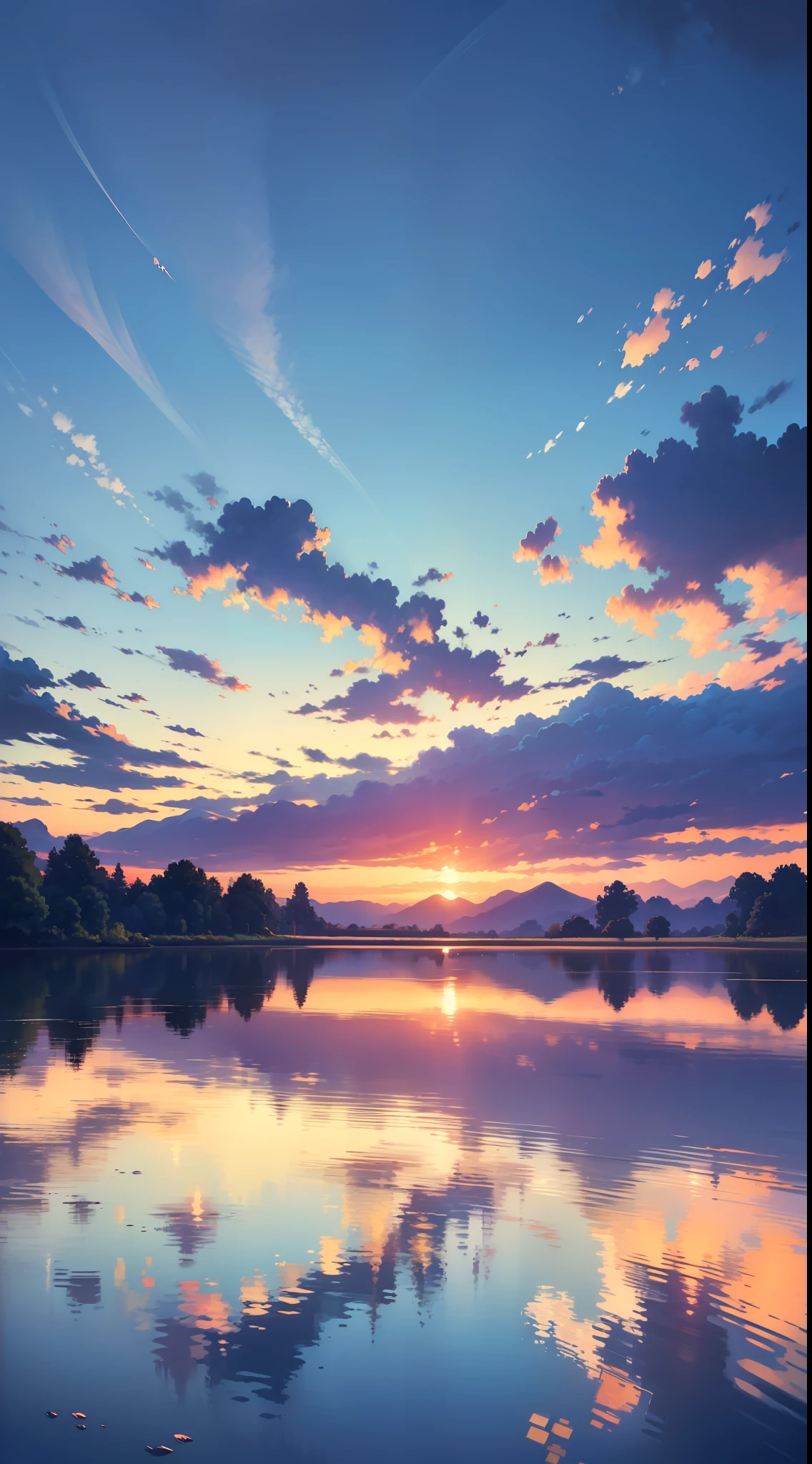 (maximum quality image, masterpiece), detailed landscape, tranquil lake (reflecting the vibrant sky at dusk),nuances of colors, quiet.
