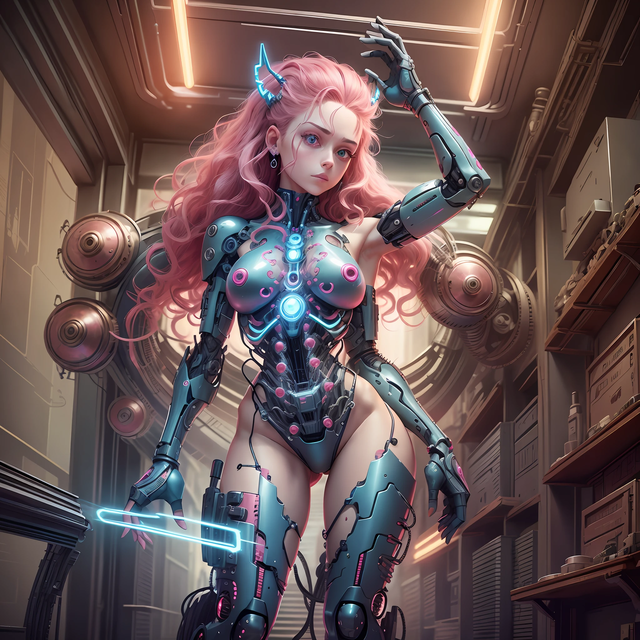 Pinkie Pie Cyborg Girl, Pinkie Pie of My Little Pony, Bio Organism, Not Human, Mechanical Parts, Curly Hair, Lush Hair, Crimson Hair, Long Hair, Bionic Body Parts, Missing Skin, Completely Cyborg, Cybernetic Organism, Mechanical Arms, Mechanical Legs, Red Glowing Eye, Blue Eyes, Full Growth, Full Body, Very Detailed, Ultra 8k Quality, Broken Parts, Holes in Mechanisms,  not a living organism, runes and blue magic, a lot of pink, pink lights, a high-speed pink trail, earrings balls, a lot of magic