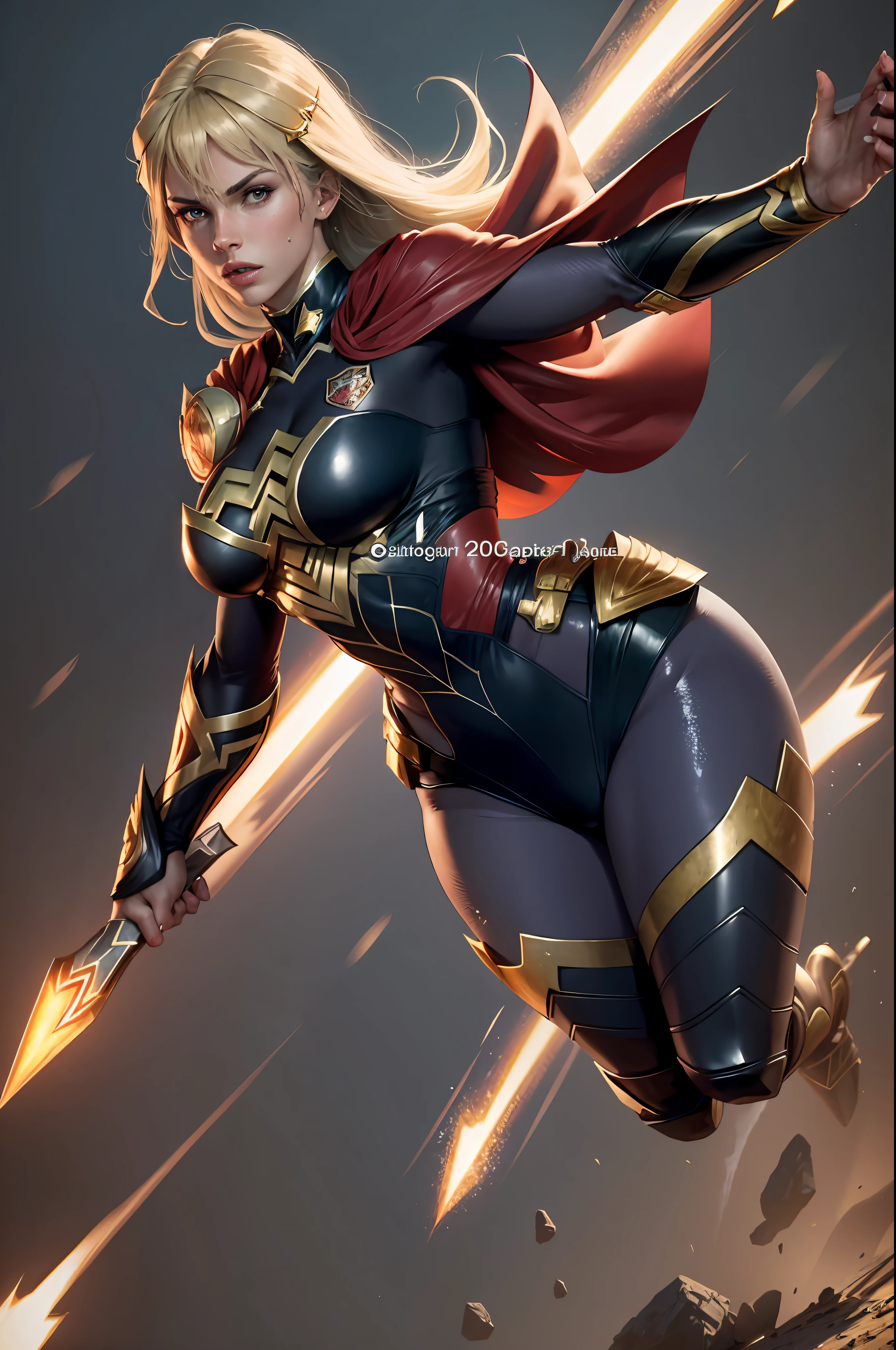 4k highly detailed realistic ((full body including legs)) photo of beautiful 20-year-old sweaty Anglo-Saxon girl with ((sharp jaw)) and perky, in a black superheroine uniform with lightning details, she is flying and possesses lightning powers