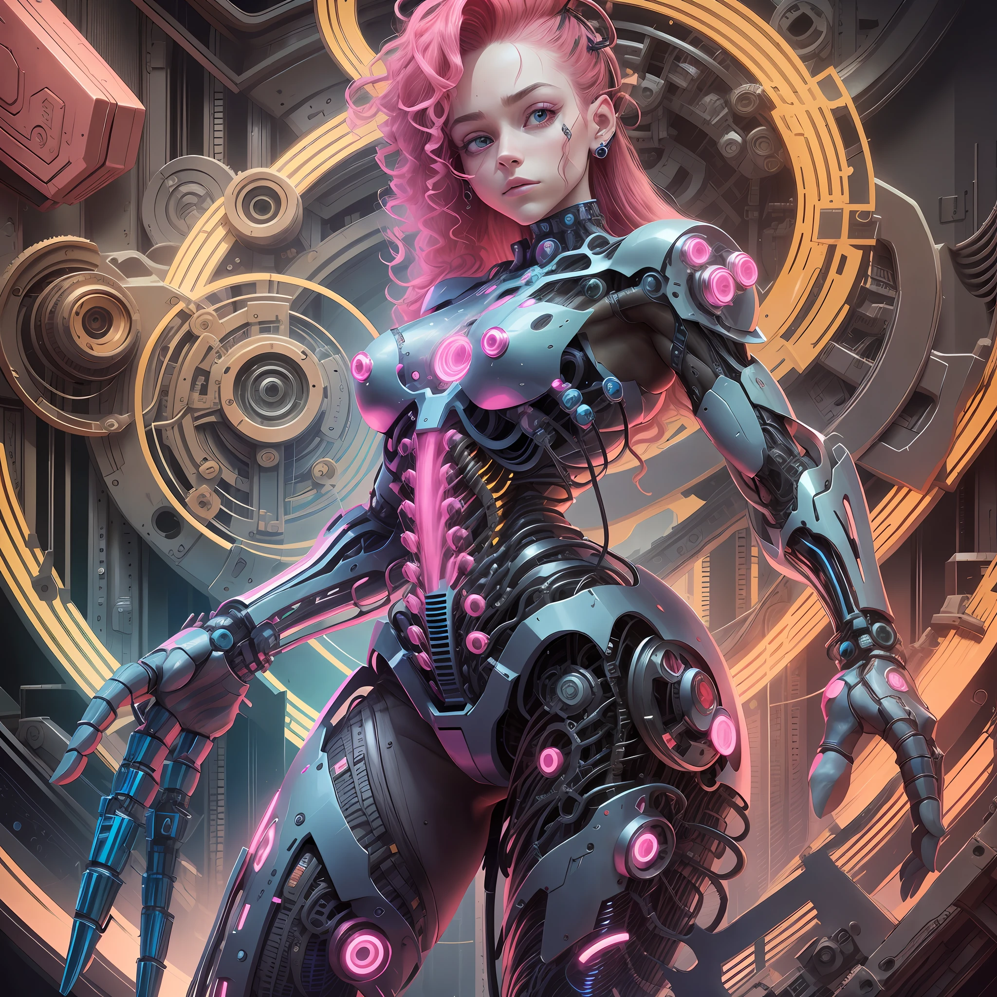 Pinkie Pie Cyborg Girl, Pinkie Pie of My Little Pony, Bio Organism, Not Human, Mechanical Parts, Curly Hair, Lush Hair, Crimson Hair, Long Hair, Bionic Body Parts, Missing Skin, Completely Cyborg, Cybernetic Organism, Mechanical Arms, Mechanical Legs, Red Glowing Eye, Blue Eyes, Full Growth, Full Body, Very Detailed, Ultra 8k Quality, Broken Parts, Holes in Mechanisms, not a living organism, runes and blue magic, a lot of pink, pink lights, a high-speed pink trail, earrings balls, a lot of magic