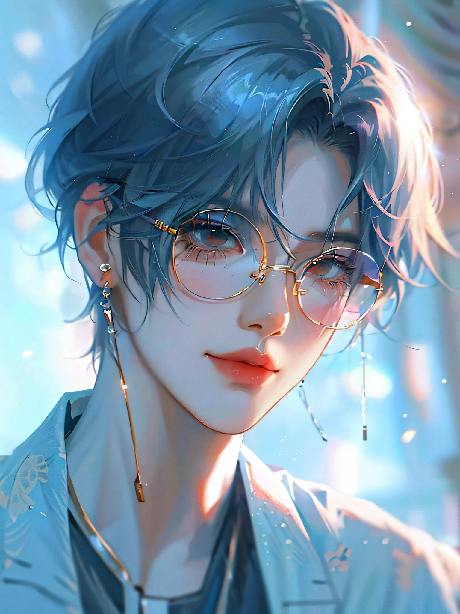 anime boy with blue hair and glasses staring at the camera, artwork in the style of guweiz, stunning anime face portrait, high quality portrait, anime style 4 k, high quality anime artstyle, beautiful anime portrait, detailed digital anime art, male anime style, realistic anime artstyle, digital anime illustration, anime style portrait, anime style. 8k