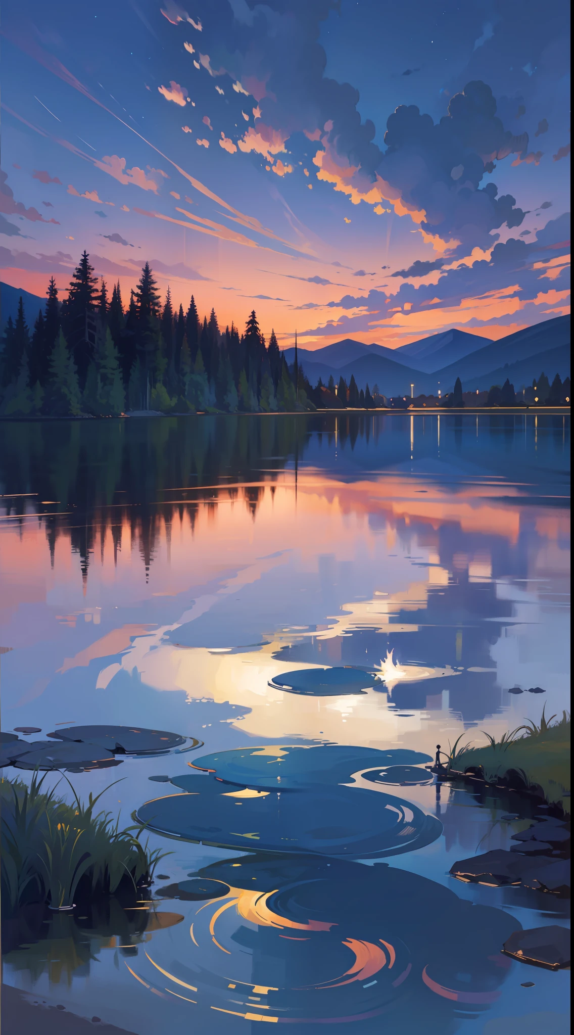 (maximum quality image, masterpiece), detailed landscape, tranquil lake (reflecting the vibrant sky at dusk),nuances of colors,quiet.