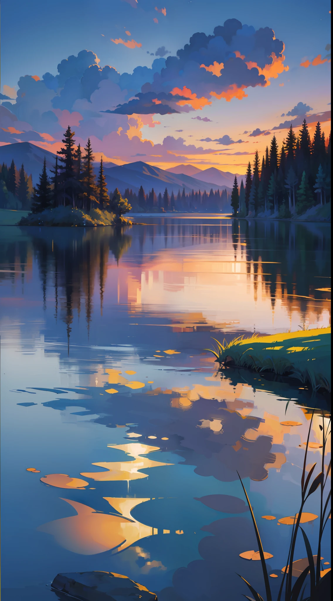 (maximum quality image, masterpiece), detailed landscape, tranquil lake (reflecting the vibrant sky at dusk),nuances of colors,quiet.
