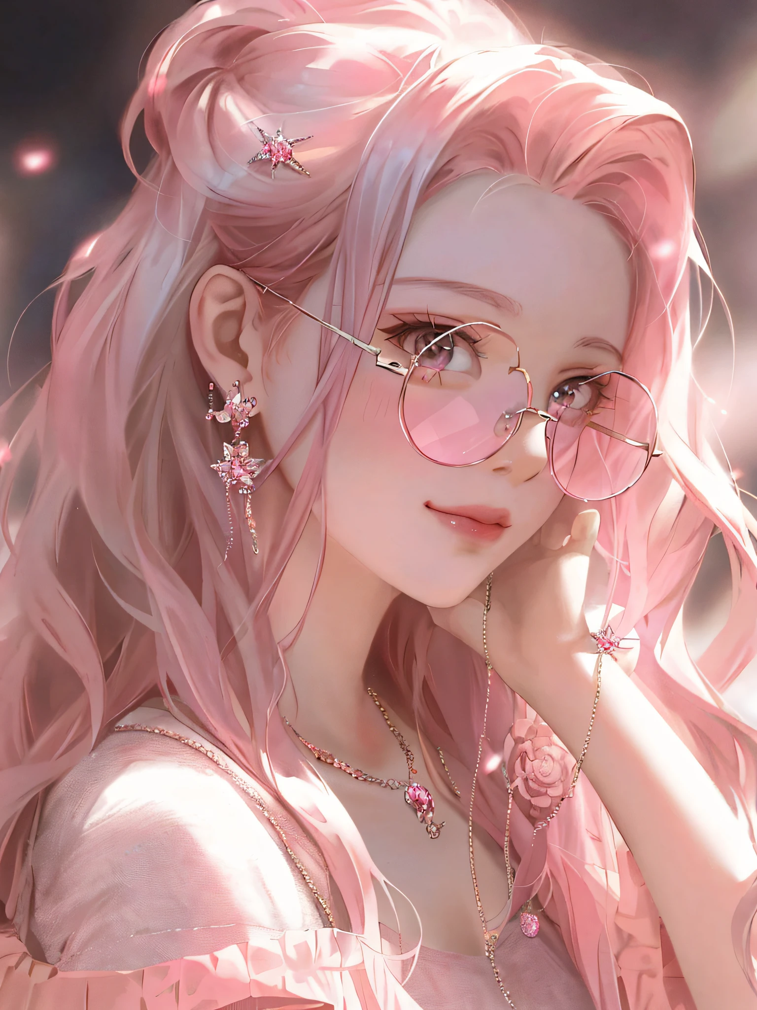 Anime girl posing for photo with pink hair and glasses, Guwiz style artwork, Guwiz, beautiful anime portrait, pink girl, flowing pink hair, kawaii realistic portrait, fantasy art style, beautiful anime style, inspired by Chengiwa-kun, anime style. 8K, in Bowater's art style, popular on CGSTATIONS, 8K