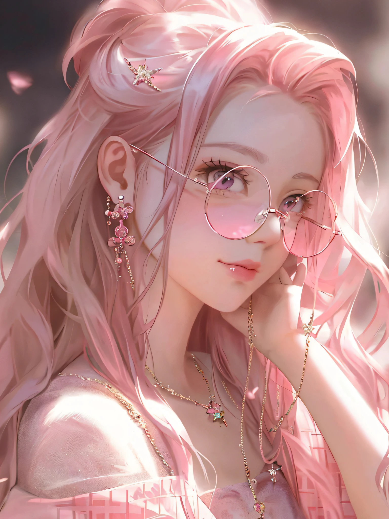 Anime girl posing for photo with pink hair and glasses, Guwiz style artwork, Guwiz, beautiful anime portrait, pink girl, flowing pink hair, kawaii realistic portrait, fantasy art style, beautiful anime style, inspired by Chengiwa-kun, anime style. 8K, in Bowater's art style, popular on CGSTATIONS, 8K