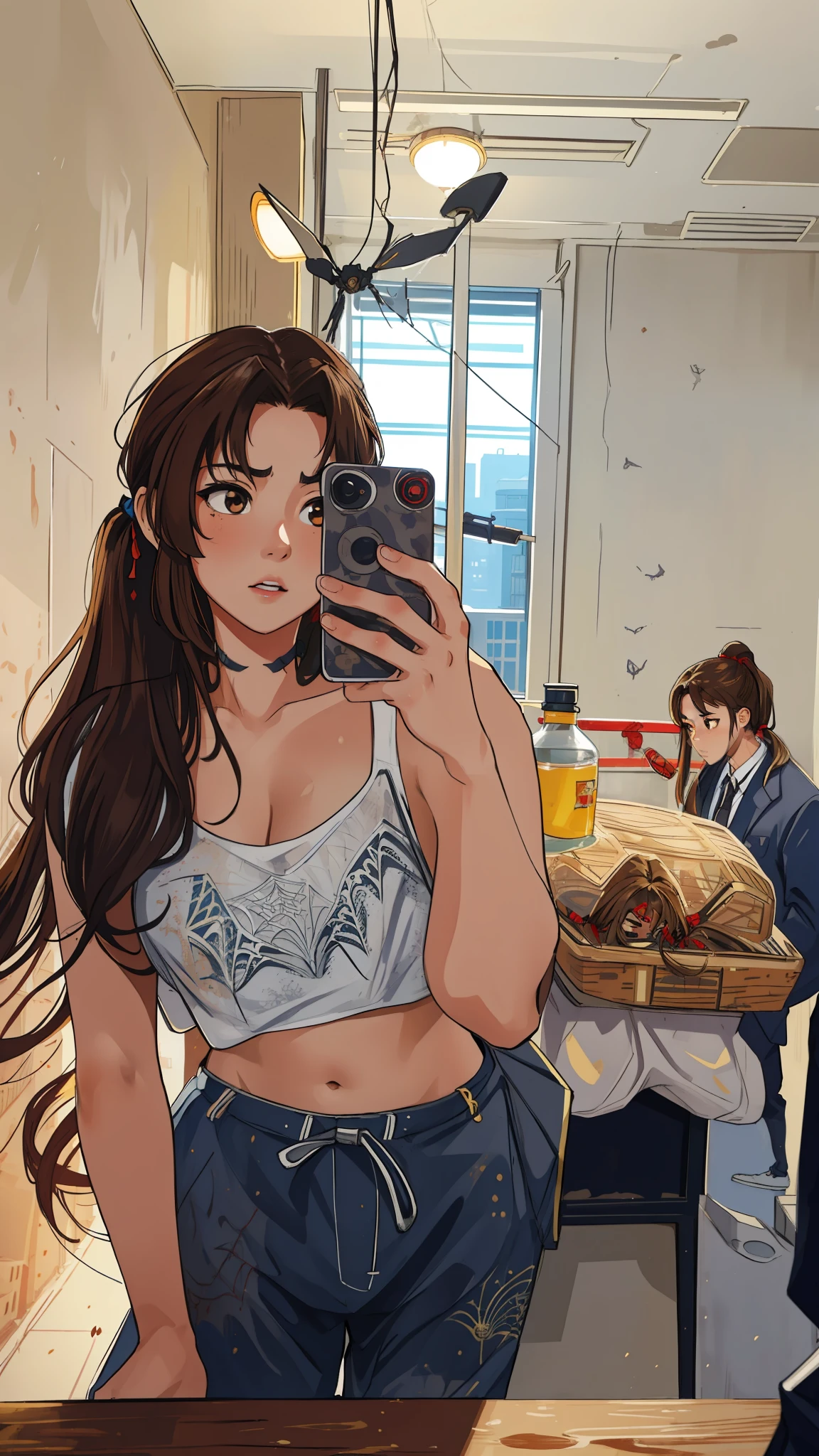 (masterpiece, best quality), intricate details, 8k, artstation, wallpaper, official art, splash art, sharp focus,
1girl, Nakiri Ayame, long hair, twintails, brown eyes, brown hair withtwo tufts of hair in front ,
spider suit, spider web print, spider web,
skyscrappers, city, buildings, cars, street,