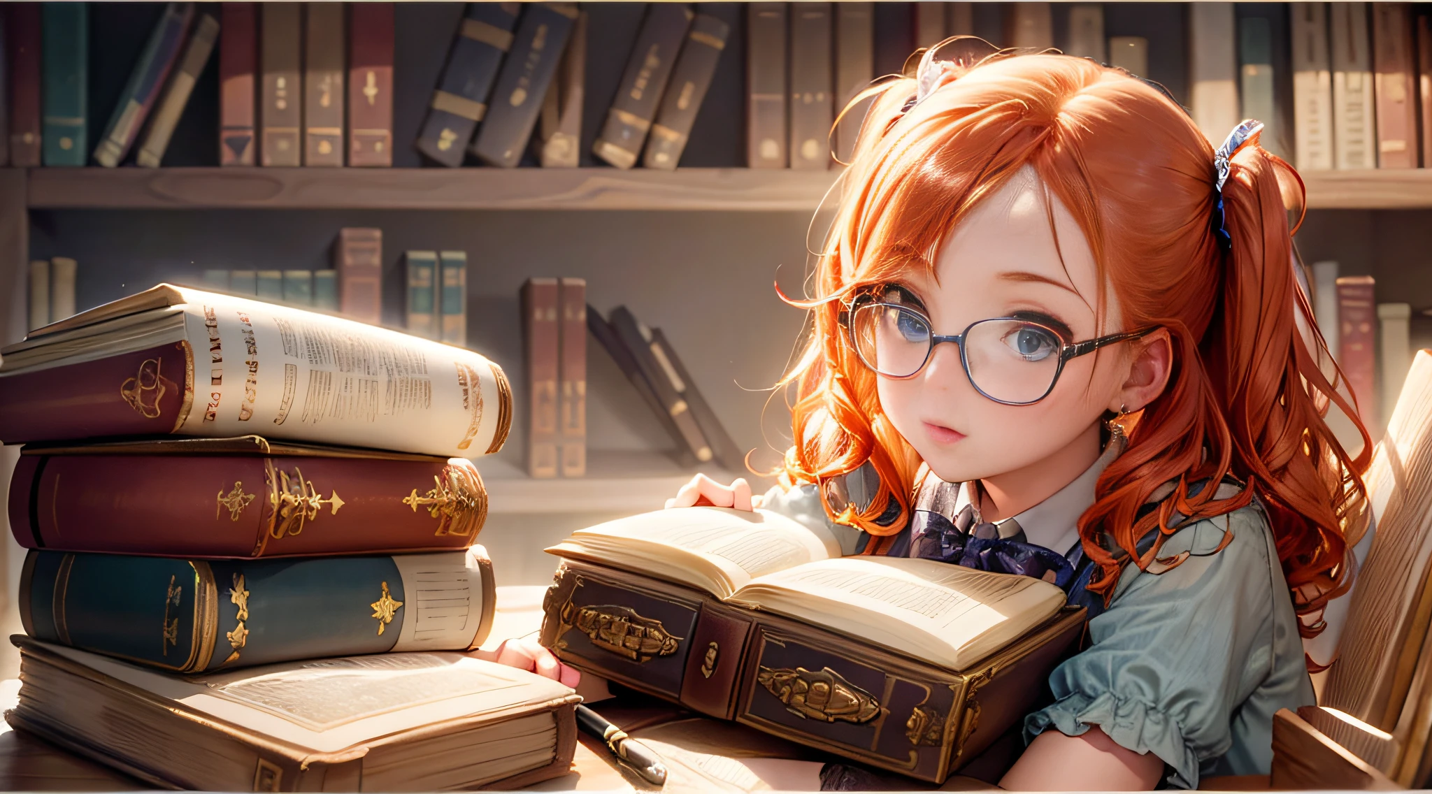 picture book world, fairyland, redhead, curled hair, freckles, good old america, vintage, one girl, sitting, library, bookshelf, reading, glasses, masterpiece, best quality, stacked books, retro, twin tails, zoom out
