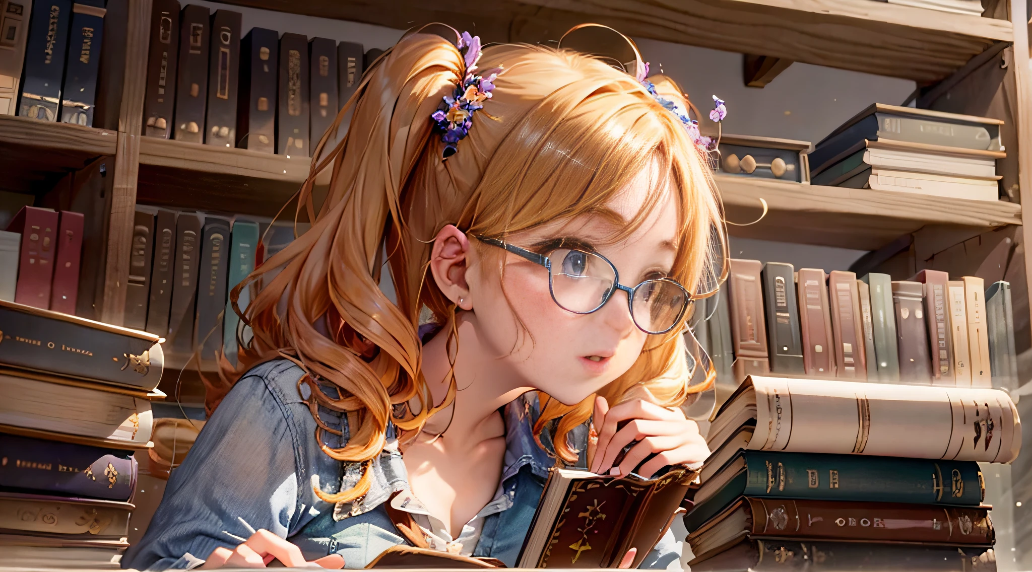 picture book world, fairyland, redhead, curled hair, freckles, good old america, vintage, one girl, sitting, library, bookshelf, reading, glasses, masterpiece, best quality, stacked books, retro, twin tails, zoom out