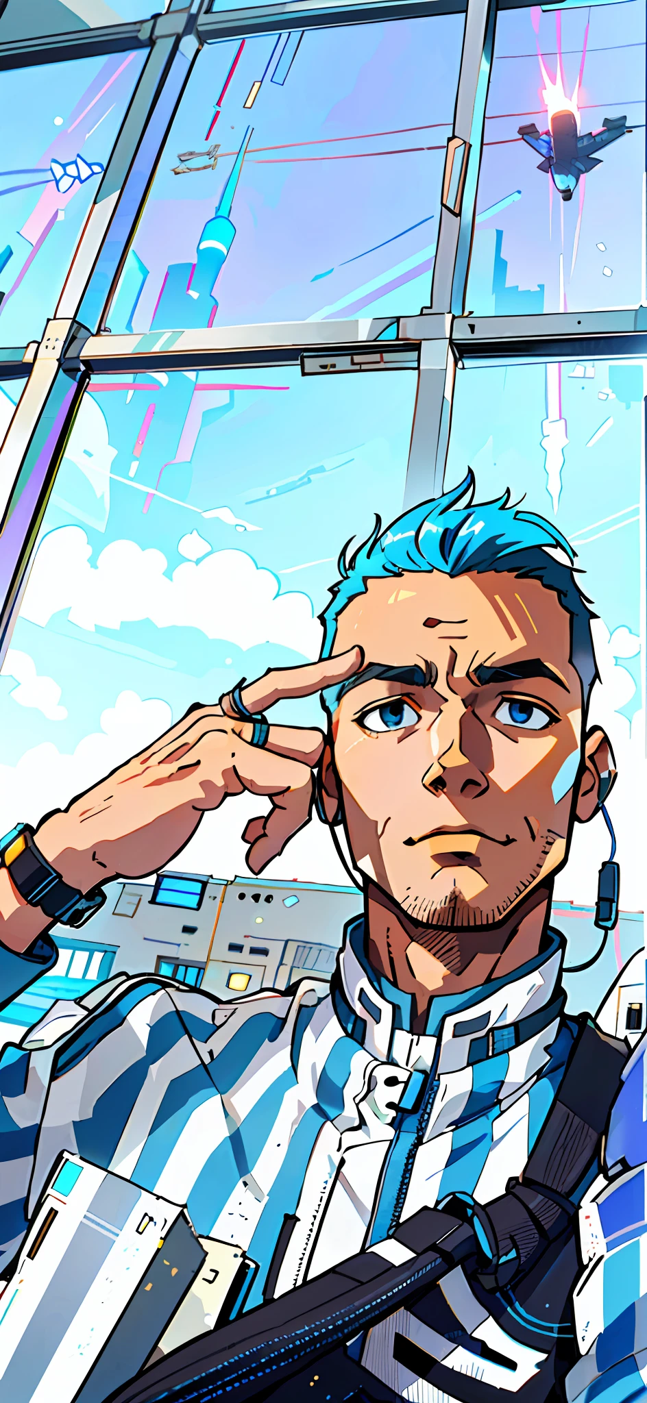 (best quality: 0.8), (best quality: 0.8), perfect anime illustration, space city, skyscrapers, flying cars, very close-up of a handsome man, no wrinkles on his forehead, 22 years old, wires hanging from the ceiling cables and other details