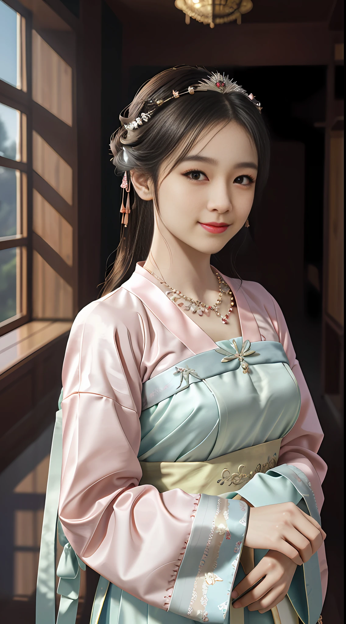 Superb Quality, Masterpiece, High Resolution, 1Girl, Blush, (Charming Smile: 0.8), Star Pupil, Chinese Hanfu, Hair Accessories, Necklace, Jewelry, Beauty, on_body, Tyndall Effect, Realism, Shadow Room, Light Edge, Two-tone Lighting, (High Detail Skin: 1.2), 8K UHD, SLR, Soft Light, High Quality, Volume Lighting, Voyeur, Photo, High Resolution, 4K, 8K, Background Blur, NSFW