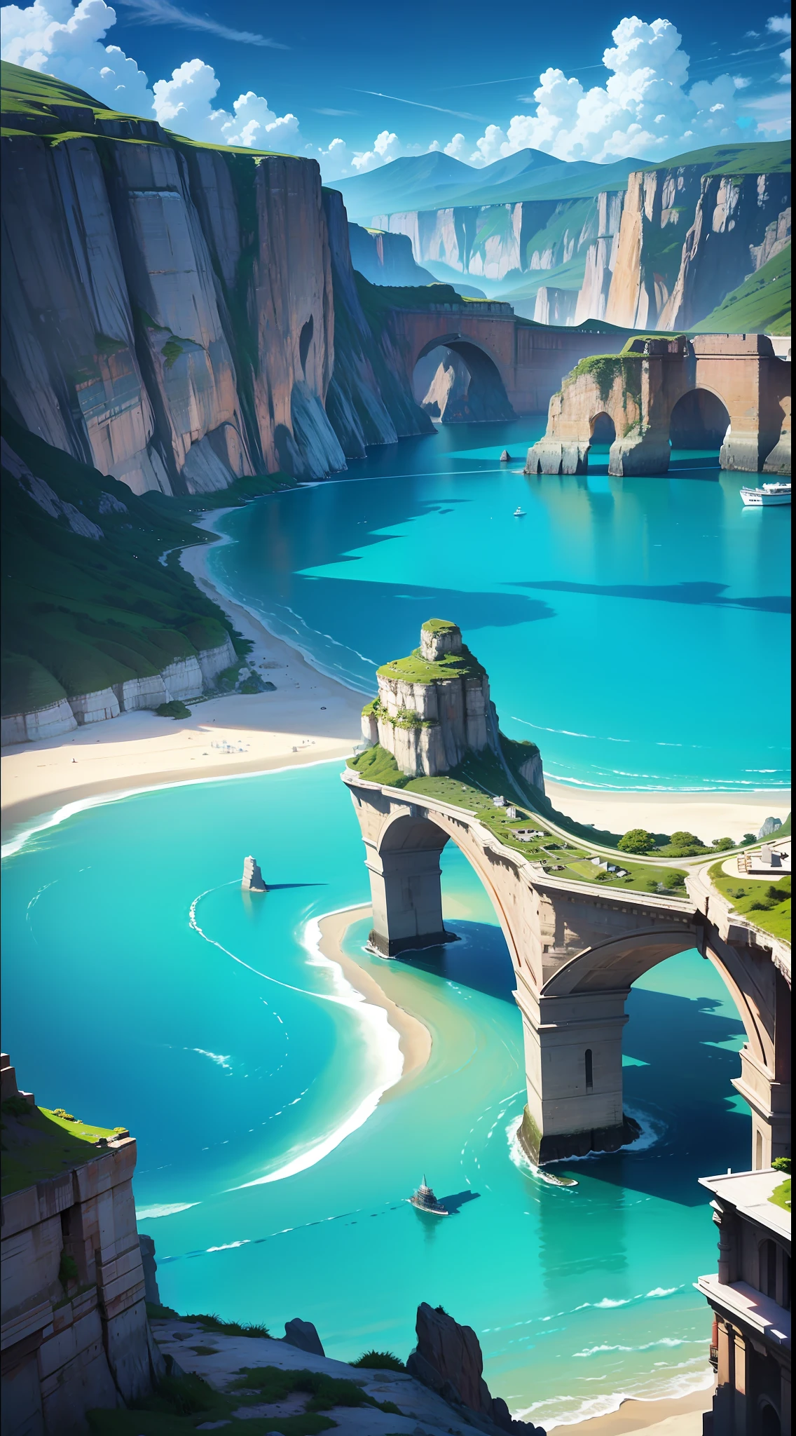 A breathtaking landscape, with imposing cliffs next to a beach of clear sands and turquoise waters.