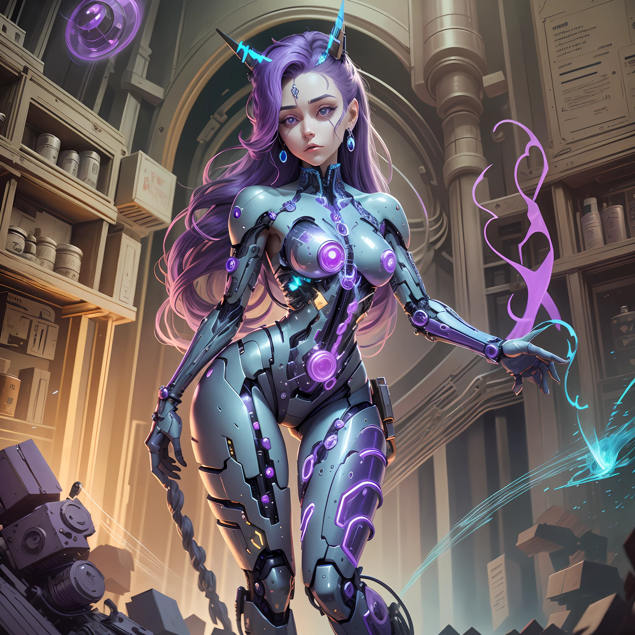 Rarity Cyborg Girl, Rarity of My Little Pony, bio organism, not human, mechanical parts, Curled hair, lush hair, long hair, bionic body parts, missing skin, completely cyborg, cybernetic organism, mnhpnic arms, mechanical legs, red glowing eye, full growth, full body, very detailed, ultra 8k quality, broken parts, holes in mechanisms, not a living organism, Runes and blue magic,  Lots of purple and white, purple lights, rhinestones and diamonds, amethyst earrings, lots of magic