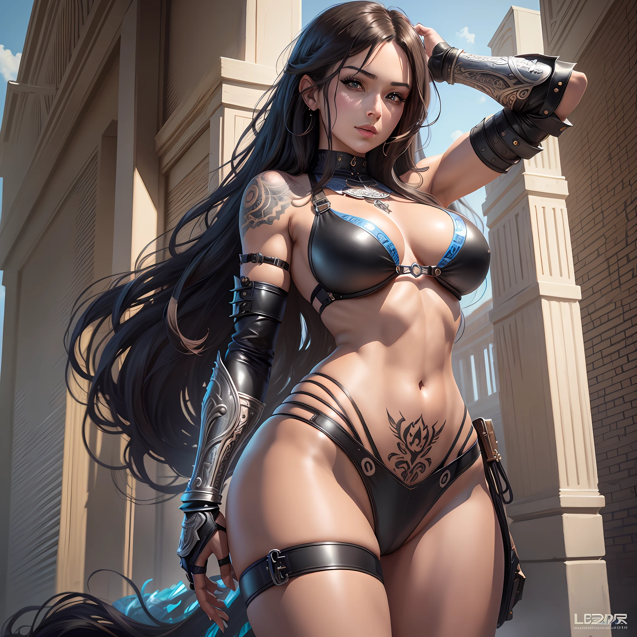 There is a beautiful woman with long curly hair with a realistic black bikini and sexy and provocative look, with tattoos on her chest and arms, detailed digital anime art, medium and blue eyes, extremely detailed artgerm, seductive woman, beautiful seductive anime woman, bikini armor, [ 4K digital art ]!!, 8k high quality detailed art,  seductive portrait Tifa Lockhart, beautiful digital art, ornate bikini armor, bikini armor