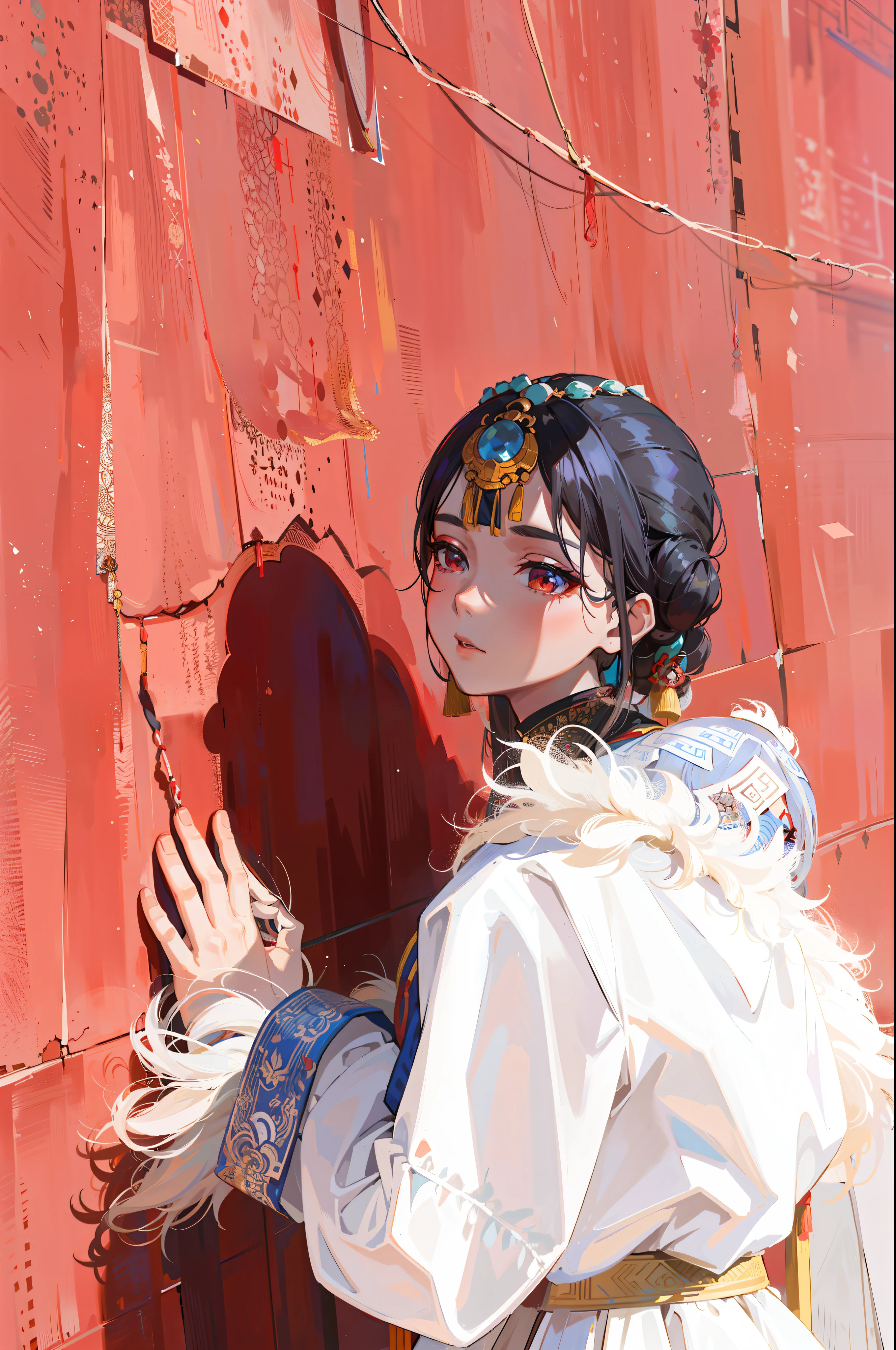 araffe woman in traditional dress leaning against a red wall, beautiful himalayan woman, beautiful young himalayan woman, young himalayan woman, a young woman as genghis khan, palace , a girl in hanfu, sci-fi tibetan fashion, inspired by Lü Ji, inspired by Li Mei-shu, traditional clothes, traditional beauty, traditional chinese clothing, chinese woman