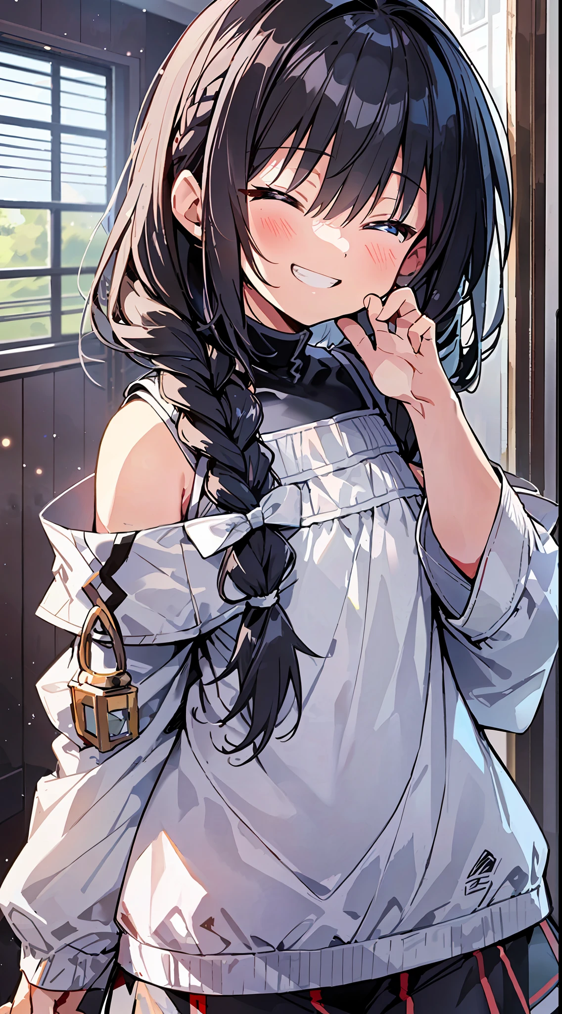Top Quality, Best Masterpiece, Ultra High Resolution, 8k, White Jacket, Anime Style li, Single, Ultra Detailed Line Art, Digital Enhancement, Anime Core, Flowing Fabric, Close Up, ((Hair length to shoulder and short braid)), staring at us from the front, Soft drawing, Beautiful black hair, (((Little gi style)), crisp eyes, grin, teeth, wide mouth, closed eyes, highfive, ultra-detailed digital anime art, clear face depictions, ultra-detailed anime character art, ultra-detailed manga style, top quality colors, hand gestures, foot-up angles, indoor