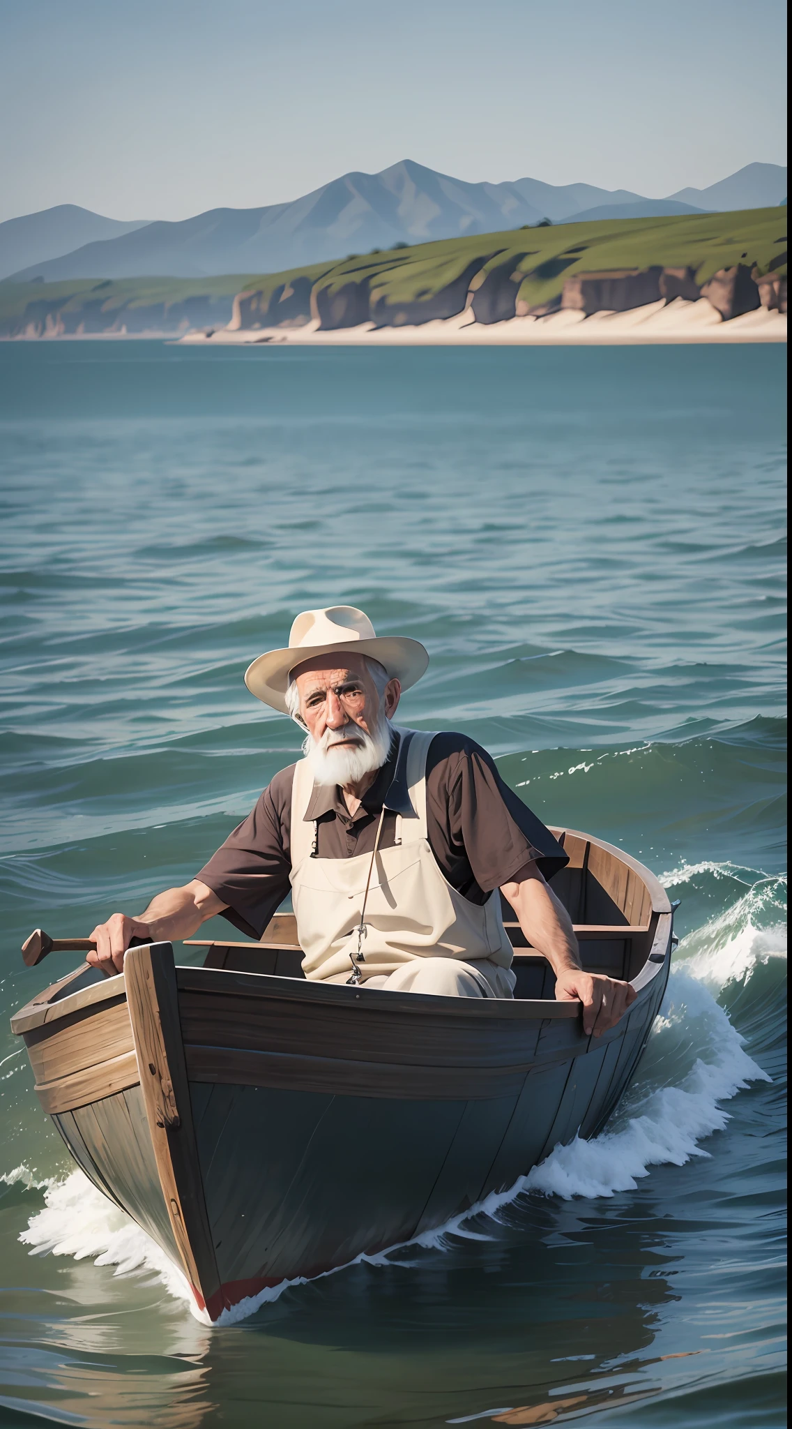 realistic photo an old man in a boat --auto --s2