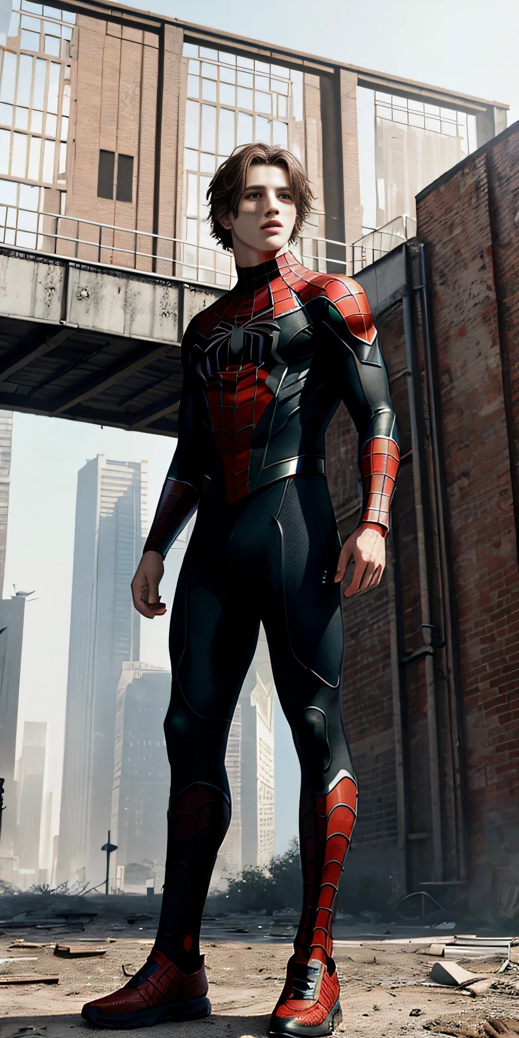I am man short brown hair unified wallpaper 8k, super detailed, beautiful and aesthetic, beautiful, masterpiece, best quality, raw, masterpiece, super thin photo, best quality, super high resolution, realistic photorealistic realism, sunlight, full body portrait, amazing beauty,, dynamic pose, delicate face, vibrant eyes, (from the front), he is wearing a Spider-Man suit, red and black color scheme,  spider, very detailed abandoned warehouse background, detailed face, detailed complex busy background, messy, gorgeous, milky white, highly detailed skin, realistic skin details, visible pores, sharp focus, volumetric mist, 8k uhd, DSLR, high quality, film grain, fair skin, photographic realism, lomography, huge metropolis in future dystopia, seen from below, translucent