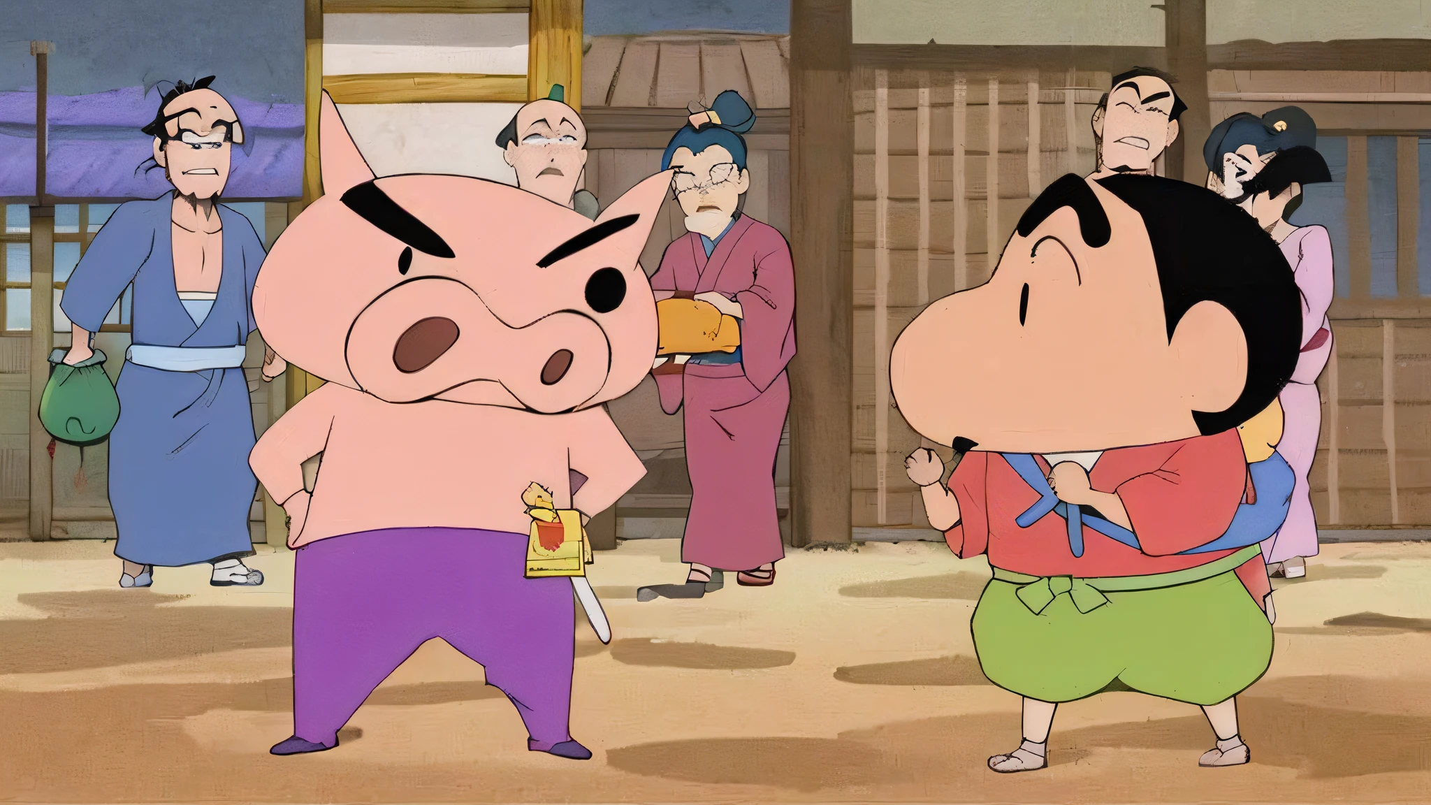 cartoon characters in a japanese village with a pig in the foreground, japanese animation, japanese cartoon style, japanese animation style, film still from an cartoon, screenshot from the anime film, still from anime, scene from live action movie, anime movie screenshot, still from tv anime, japan animation, screenshot from guro anime, アニメ, scene!!