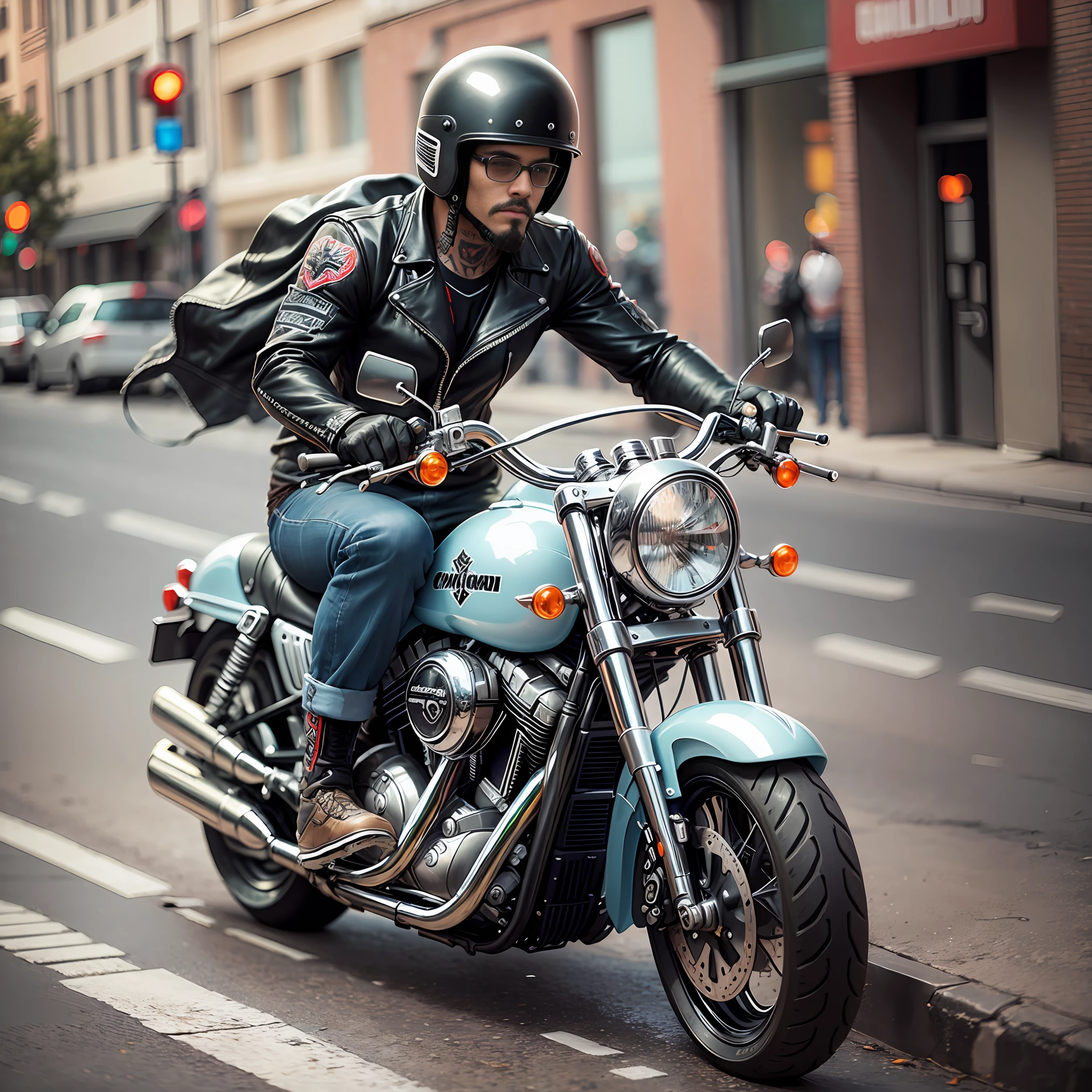 Photography. Canon DSLR .85mm with front helmet riding a shiny Harley-Davidson Full Tattoo motorcyclist --auto --s2