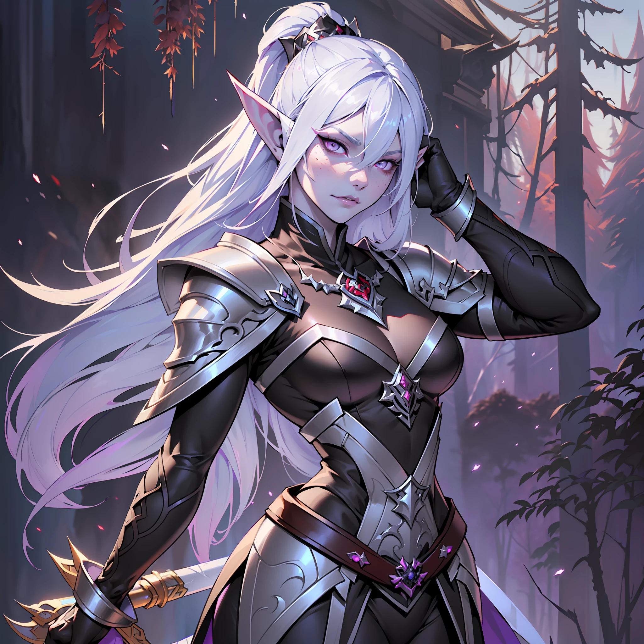 (extremely detailed 8k wallpaper:1.2), (best quality:1.2), (adventure and fantasy theme), profile (Paizo Pathfinder RPG character and Dungeons & Dragons), (((black elf race woman))), (((drow))), ((((asiatica))), young, beautiful, sexy, sharp focus, (subsurface scattering:1.1), award-winning photograph, ((Eastern Antipaladine Class:1.3)), ((half-body shot:1.1)), centered face, very long white hair, freckles on the face, white skin, pale skin, geisha paint on the face, bright lilac eyes:1.2, malicious expression, villainous, evil, wearing white armor, short sword in hand, (standing inside black forest:1.3), (very detailed background:1.2),dramatic lighting, sfw