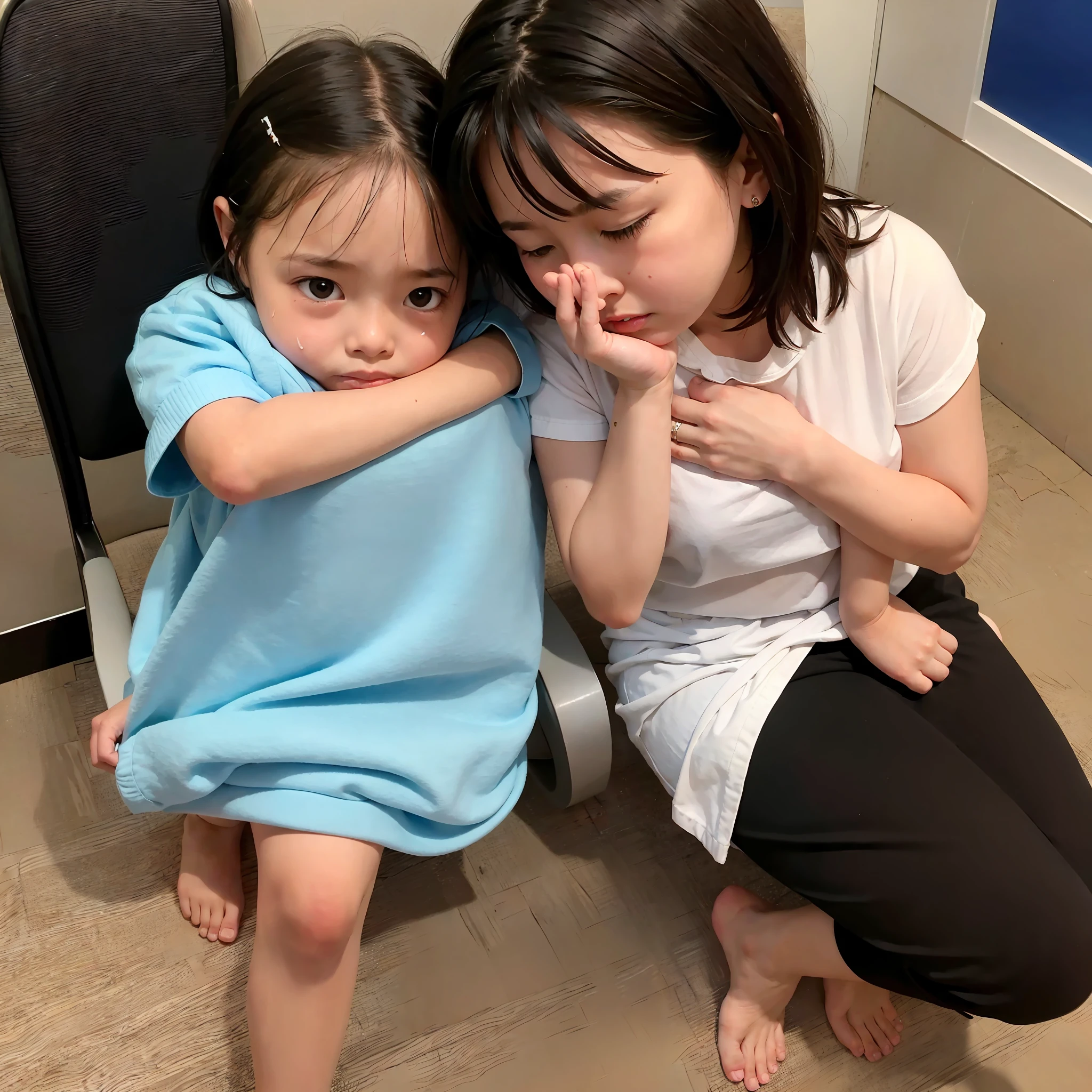 A -yead chiting next to his mother, who is crying intensely. Describe the scene and explore the child's feelings and thoughts as she tries to understand the reason for the mother's tears and find a way to comfort her. One of the children are looking at sad camera