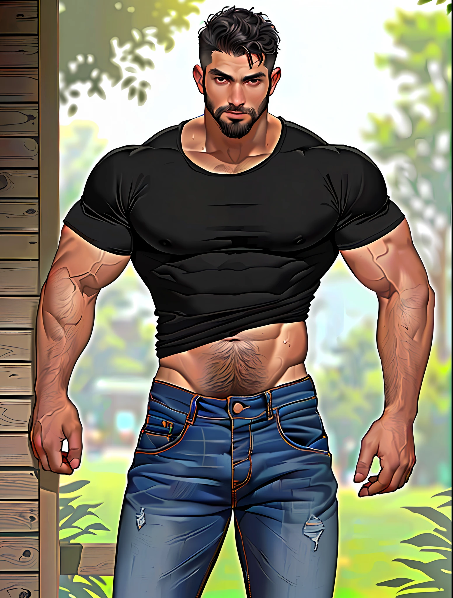 parameters: topless male, solo, (young), Indonesian guy, semi-realistic illustration of a lumberjack, dark skin, sweat, beard, body hair, small waist, broad shoulders, chisled jawline, asthetic muscular physique, open compression shirt, open jeans, black flannel shirt, huge crotch bulge, masculine, inside stable's, masterpiece, best quality, high-res, medium full-body shot, looking at viewer, by chunie and Taran Fiddler, naked, cowboy, full-quarter body shot,