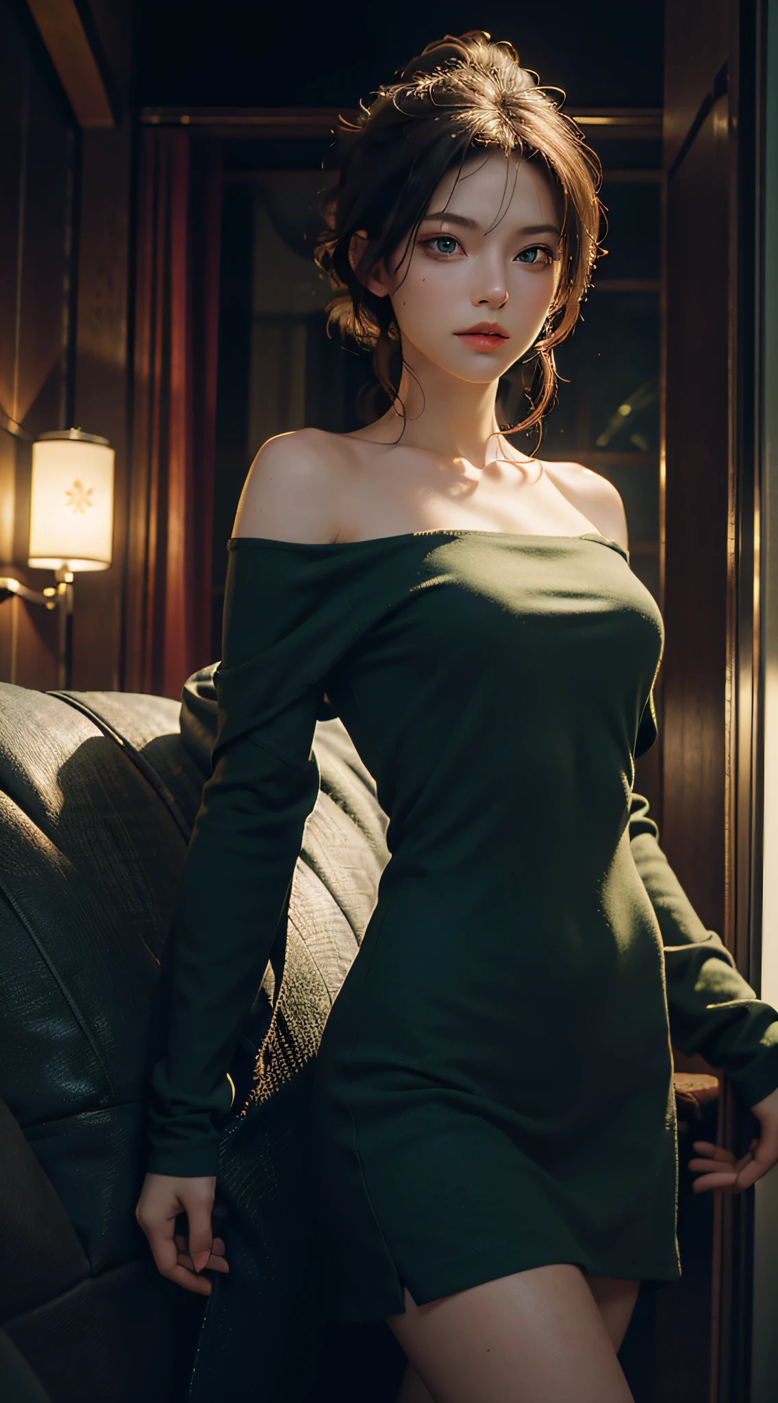 Best Quality, Masterpiece, Ultra High Resolution, (Realisticity: 1.4), Original Photo, 1Girl, Green Eyes, Off-the-Shoulders, Cinematic Lighting