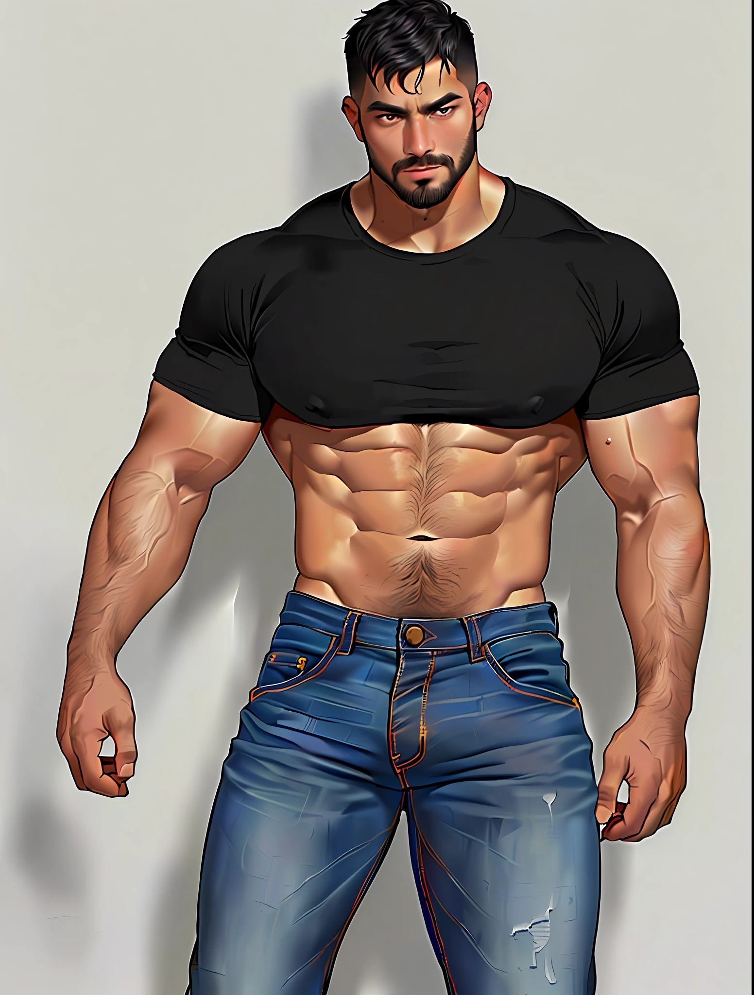 parameters: topless male, solo, (young), Indonesian guy, semi-realistic illustration of a lumberjack, dark skin, sweat, beard, body hair, small waist, broad shoulders, chisled jawline, asthetic muscular physique, open compression shirt, open jeans, black flannel shirt, huge crotch bulge, masculine, inside stable's, masterpiece, best quality, high-res, medium full-body shot, looking at viewer, by chunie and Taran Fiddler, naked, cowboy, full-quarter body shot,