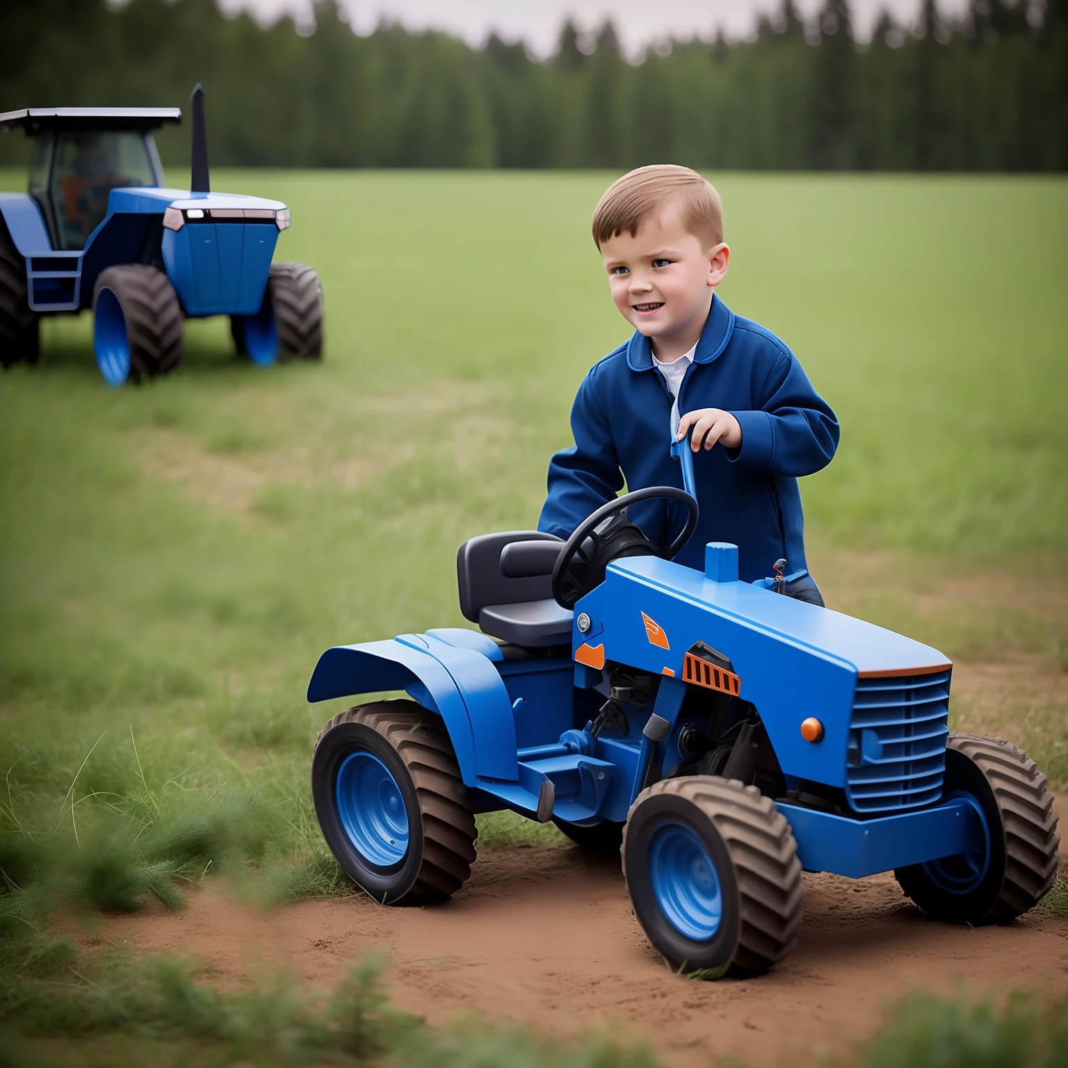 Boy in blue dress playing with a toy tractor, Alexey Egorov, publicity photo, still from a live action movie, Sergey Zabelin, Anton