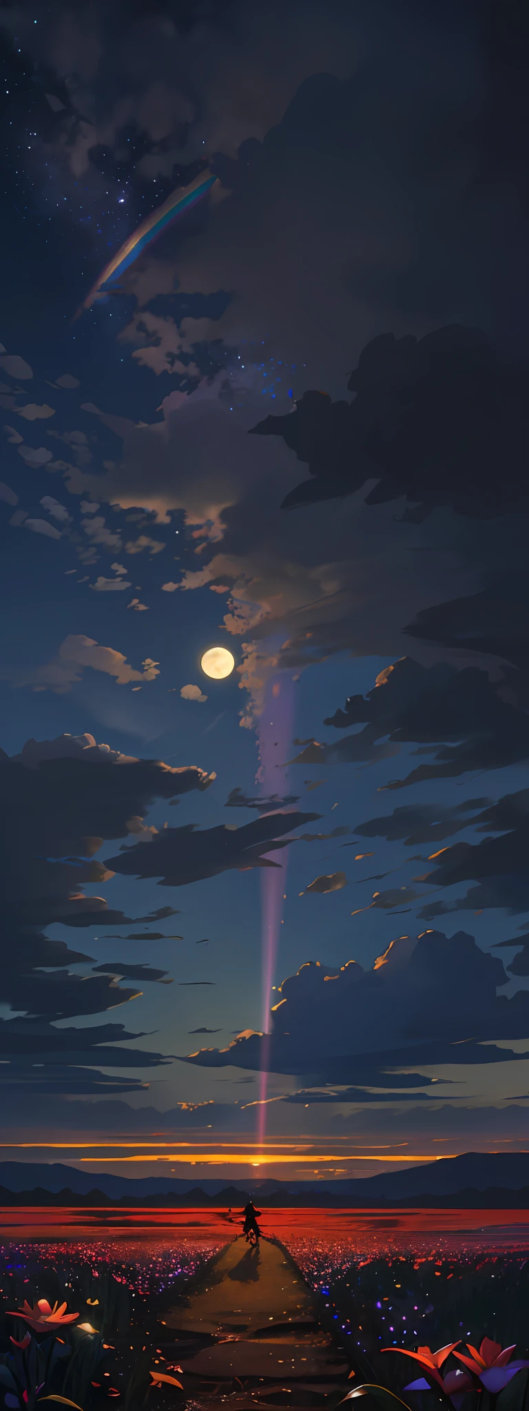 A wide landscape photo, (viewed from below, the sky is above, and the open field is below), a girl standing on a flower field looking up, (full moon: 1.2), (meteor: 0.9), (nebula: 1.3), distant mountains , Trees BREAK Crafting Art, (Warm Light: 1.2), (Firefly: 1.2), Lights, Lots of Purple and Orange, Intricate Details, Volumetric Lighting BREAK (Masterpiece: 1.2), (Best Quality), 4k, Ultra Detailed, (Dynamic Composition: 1.4), Rich in Detail and Color, (Rainbow Color: 1.2), (Glow, Atmospheric Lighting), Dreamy, Magical, (Solo: 1.2)