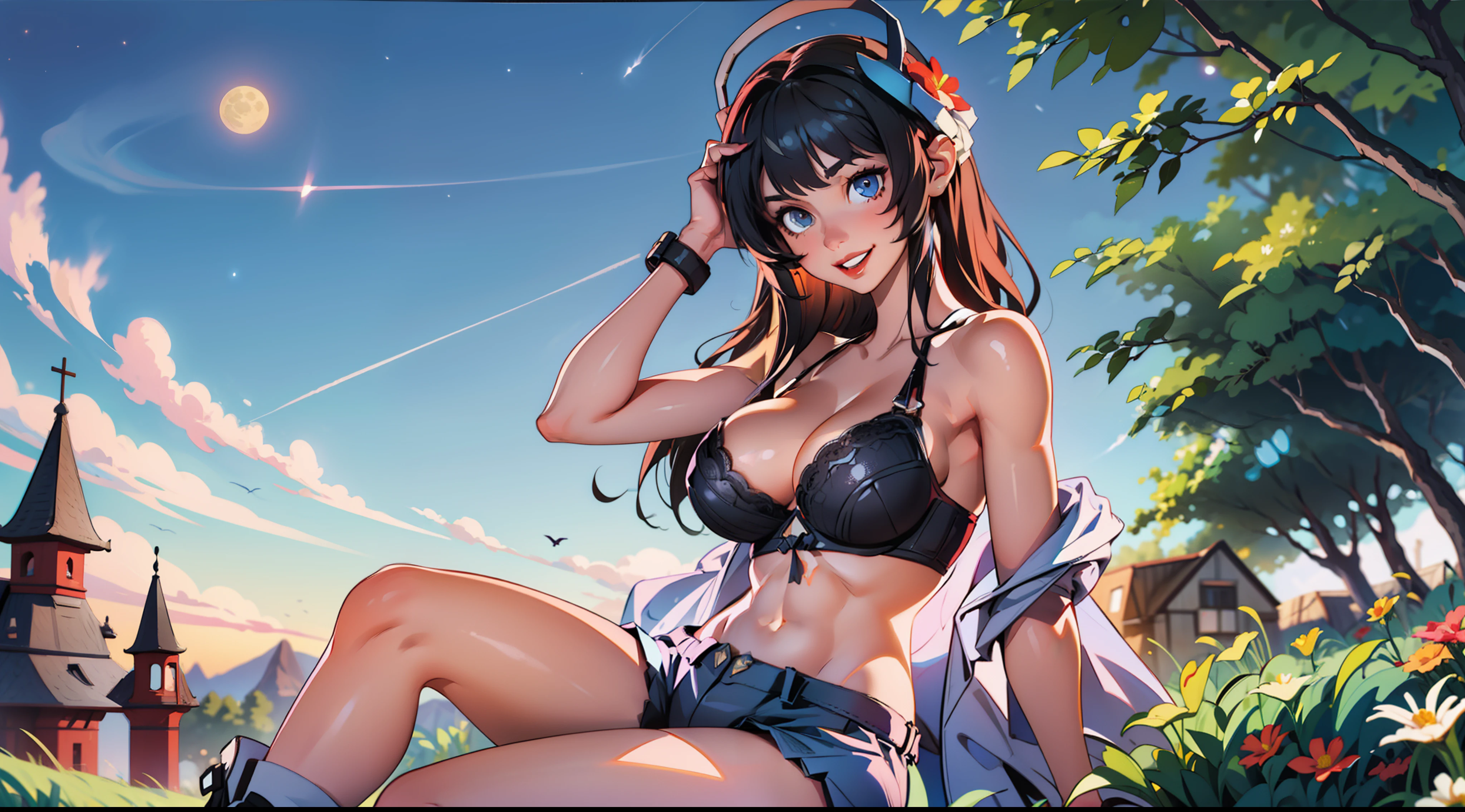realistic, masterpiece, ray tracing, black hair, tight shorts, crop top, bra, tight clothing, sleeveless, no teeth, smile, huge breasts, nipple, nipple visible through bra, cleavage, red lipstick, blue eyes, wide hips, thick thighs, legs, boots, muscles, abs, pretty face, on top of hill, grass, flowers, trees, sitting down, watching sunset, stars, night sky, moon, clouds