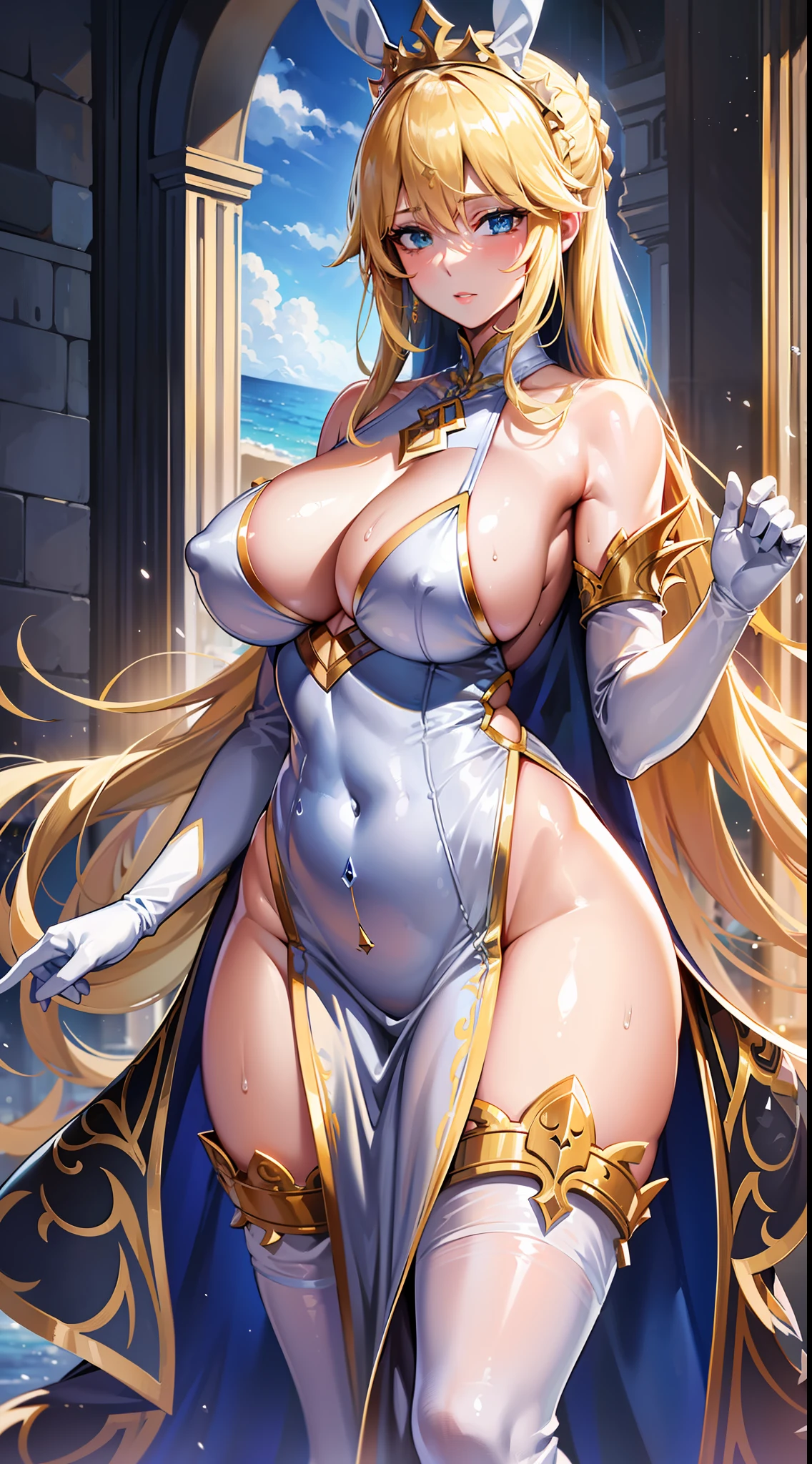 1 adult woman, artoria pendragon(ruler)(Fate Grand Order), huge breasts, erect tits, white skin, beautiful belly button, very wet beautiful glamorous body, long blonde hair, 2 human hands, five fingers, white metallic gold bunny dress, blue Metallic tights, standing style, overall view, luxury casino, larger windows, afternoon, ocean view, casino, Masterpiece, UHD, highres, best quality,