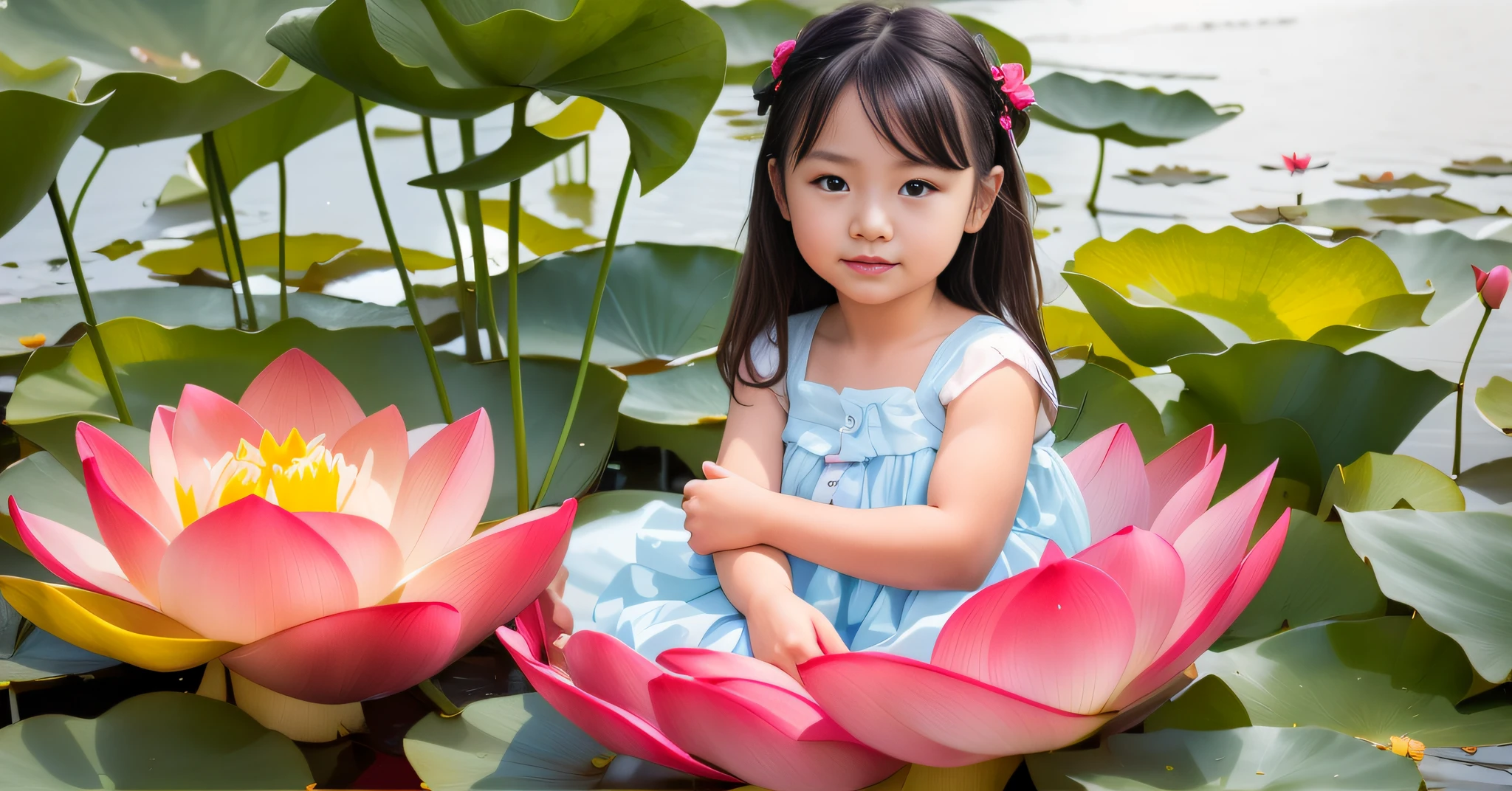 there is a girl sitting on a flower in a pond, lotus floral crown girl, sitting on a lotus flower, standing gracefully upon a lotus, young asian girl, portrait shot, pink lotus queen, standing on a lotus, chinese girl, girl in flowers, lotus, asian girl, closeup portrait shot, cute young girl, children, lotus pond