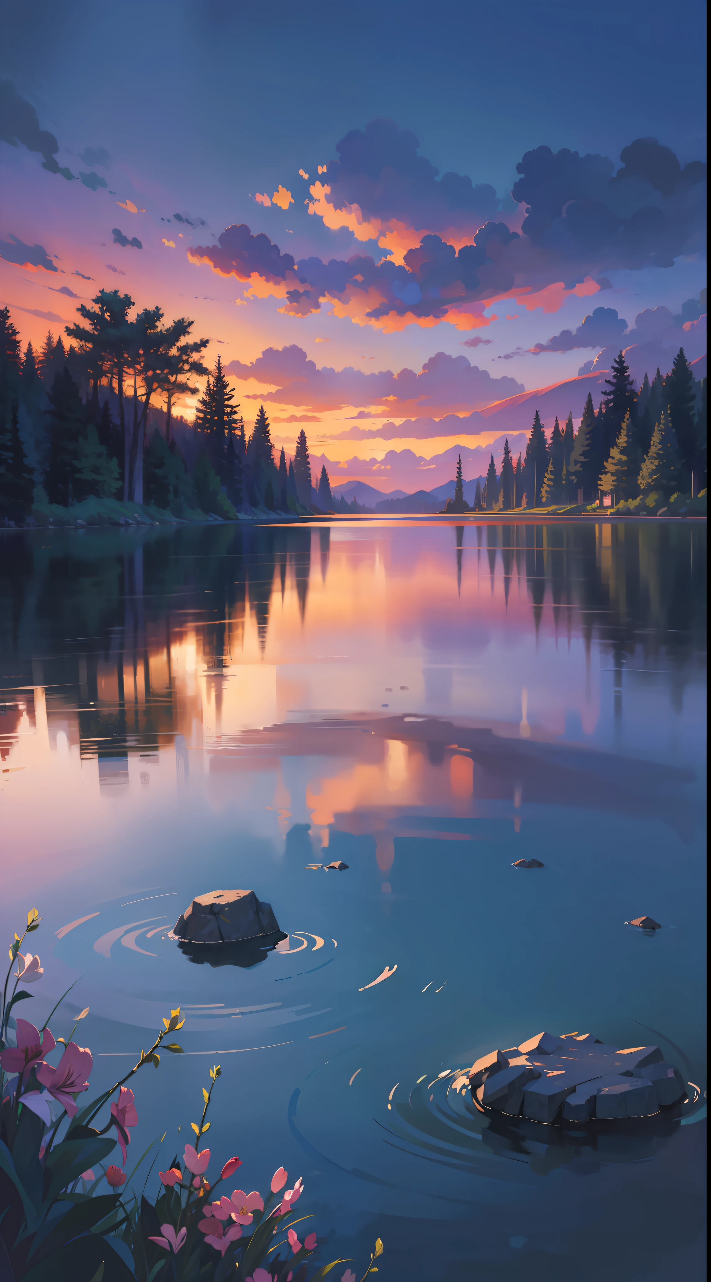 (maximum quality image, masterpiece), detailed landscape, tranquil lake (reflecting the vibrant sky at dusk),nuances of colors,quiet.