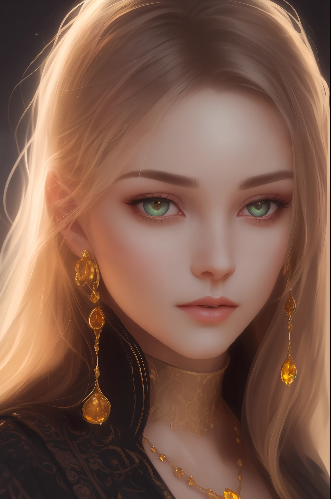 (8k, RAW photo, best quality, masterpiece:1.2), modelshoot style, (dark shot:1.5), Stunningly attractive woman with blonde soft hair, (victorian style:1.2), victorian dress high detailed and intricate, long curly hair, dramatic pose, (soft warm skin with wax effect:1.3), pastel, (glossy lips and the tip of the nose with bright small glare:1.4), (bright highlights:1.6), detailed eyes, (soft volumetric light:1.5), (subsurface scattering:1.5), wax, (night light:1.6), global illumination, Soft Shadows, (dark background with cool lighting:1.0), bokeh, Charlie Bowater, stanley artgerm lau, a detailed painting, fantasy art, artstation, trending on Artstation, art like midjourney and Rutkowski, hyperdetailed, insane details, intricate details, (oil painting:1.5), (digital art:1.5), glare on the corneas of the eyes, round pupils, refraction, screen space reflections, screen space ambient occlusion, (hdr:1.4), full body shot, (gold jewelry with amber gems:1.1)