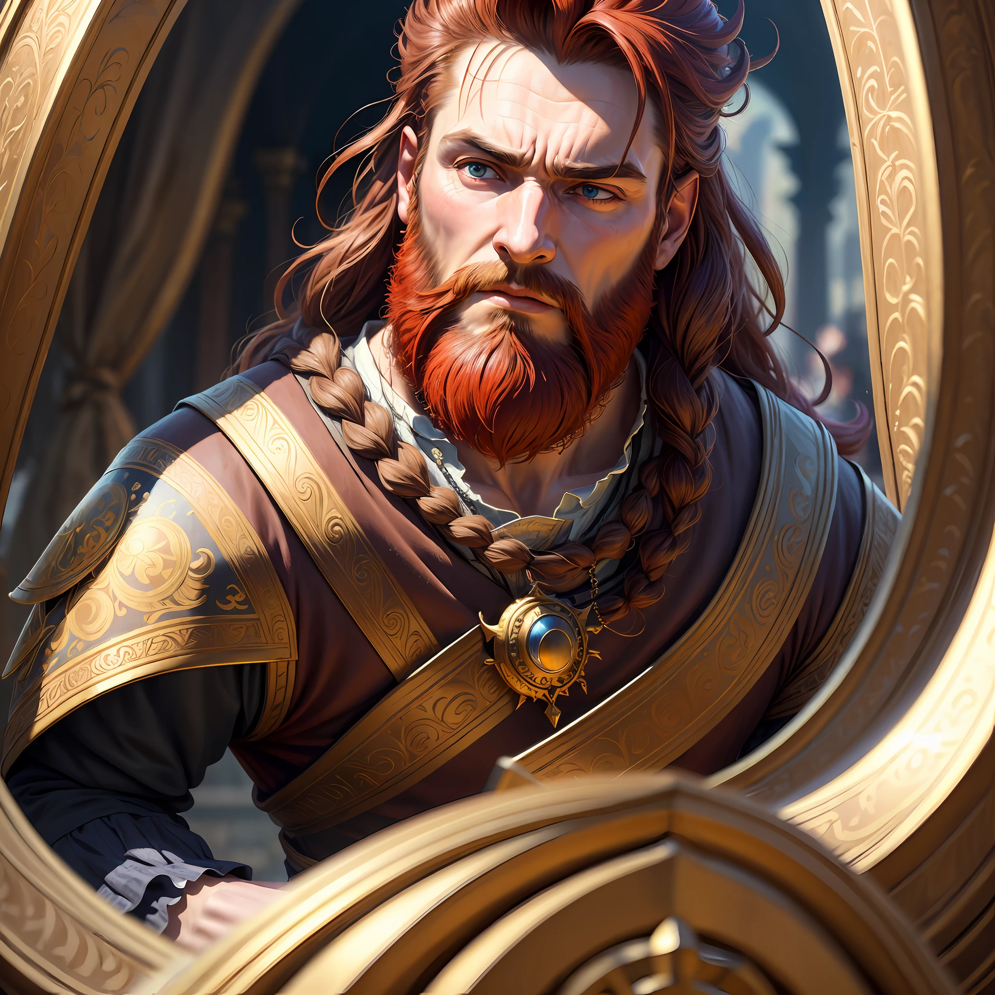(Best Quality, Masterpiece:1.4), (Realism:1.2), (Realisitc:1.2), (Absurdres:1.2), 4K, Detailed, Ultra-Detailed, Digital Art, Detailed Face, (Hyper-Detailed Eyes:1.2), (Ornate:1.2), Town, (Renaissance:1.2), Vintage, Solo, (Male:1.2), (Brutal:1.2), (Face Focus:1.2), (Close-Up Face:1.1), Euive Hair, Long Hair, (Red Beard: 1.2), Armor, (Large Detailed Brawrights: 1.2), Shoulder
