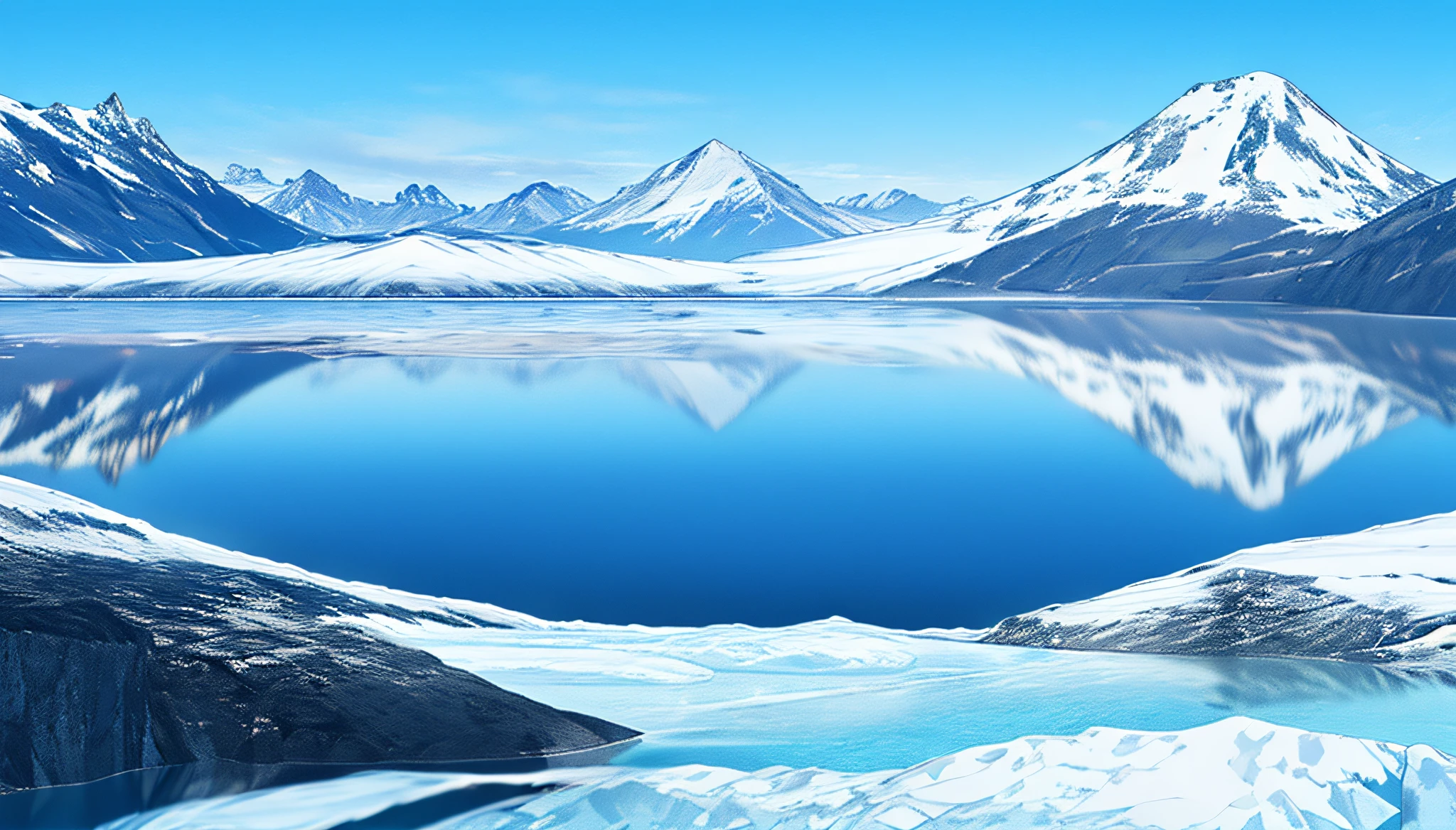 Real scene, glacier, lake, iceberg in the distance, ice surface nearby, arctic